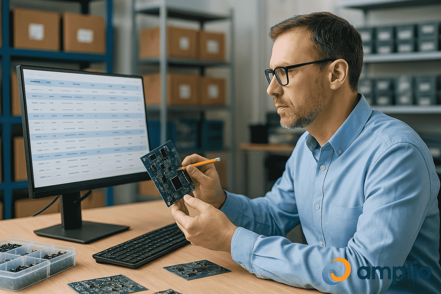 An engineer in a blue shirt examines a circuit board while referencing data on a computer screen in an electronics lab or sourcing office, with the Amplio logo visible in the corner.