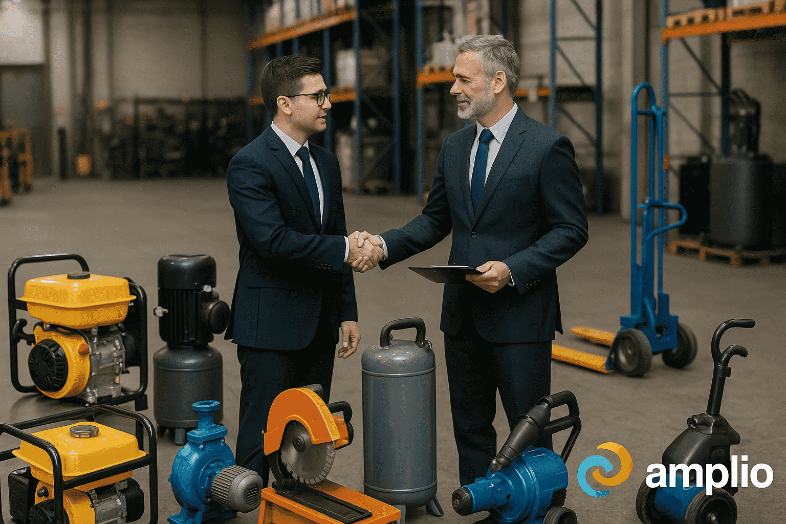Two men in business suits shaking hands in a warehouse filled with industrial tools and equipment; Amplio logo displayed in the corner.