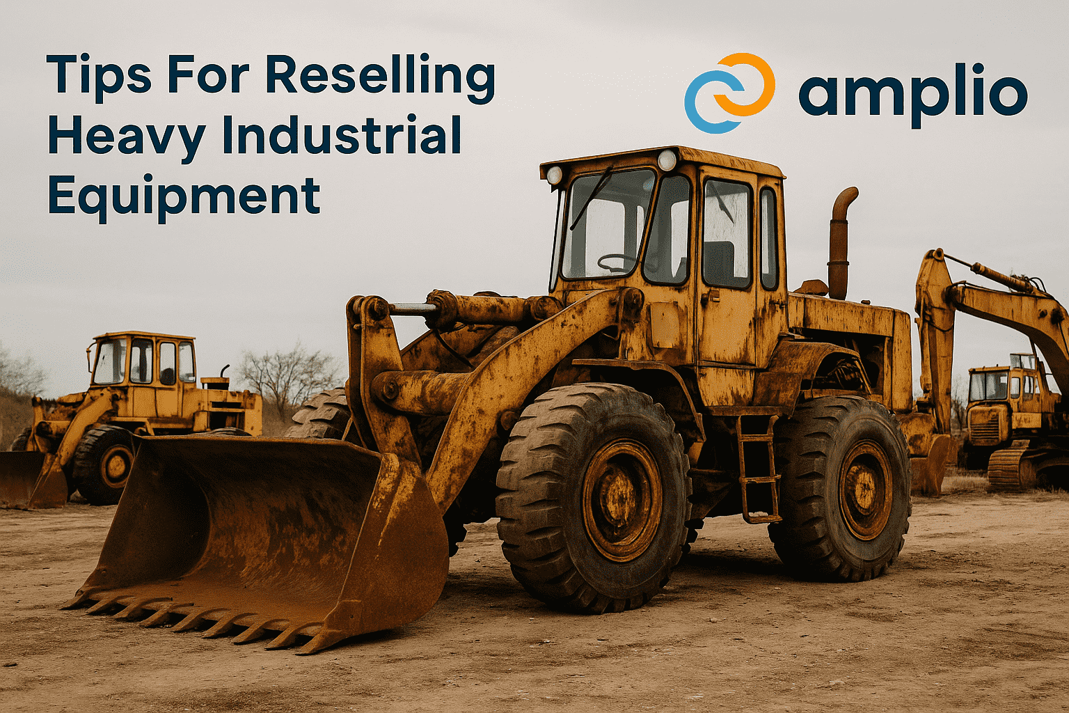 Rust-colored heavy industrial equipment, including a front-end loader, parked on a dirt lot with the text 'Tips For Reselling Heavy Industrial Equipment' and the Amplio logo in the top right corner