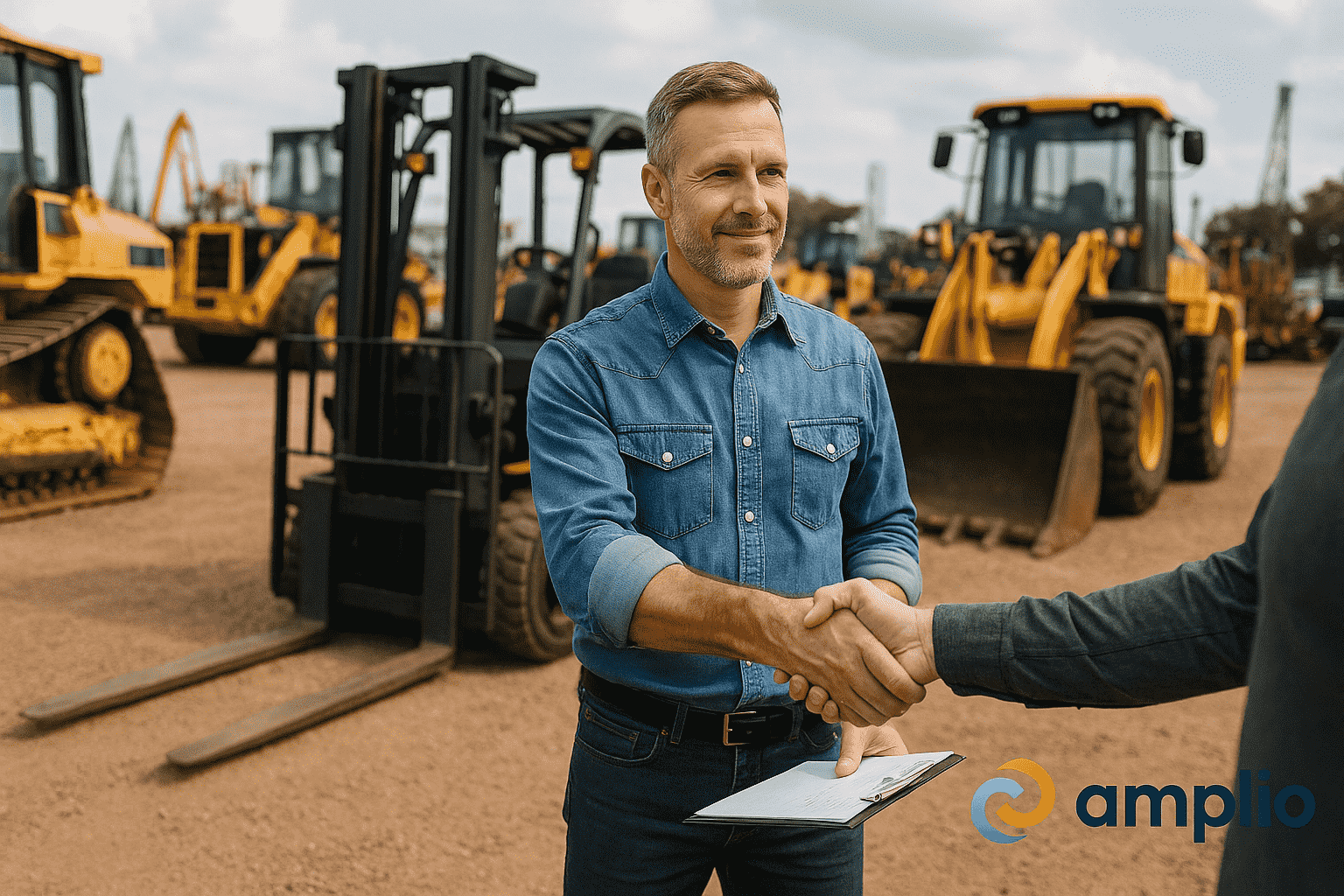 Man in denim shirt shaking hands with another person at a heavy equipment yard, surrounded by bulldozers and forklifts; Amplio logo in corner.