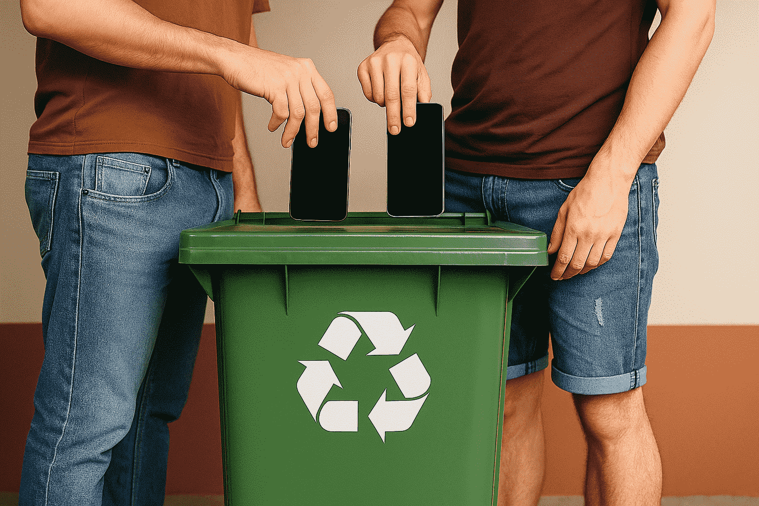 Two people standing side by side, each holding a smartphone above a green recycling bin marked with a white recycling symbol, suggesting the act of recycling electronic devices.