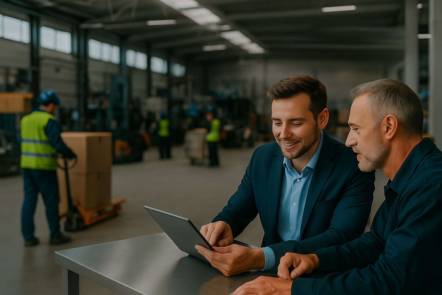 Two men in business attire sitting at a table in a warehouse, smiling and looking at a tablet. In the background, workers in safety vests are moving boxes and operating equipment