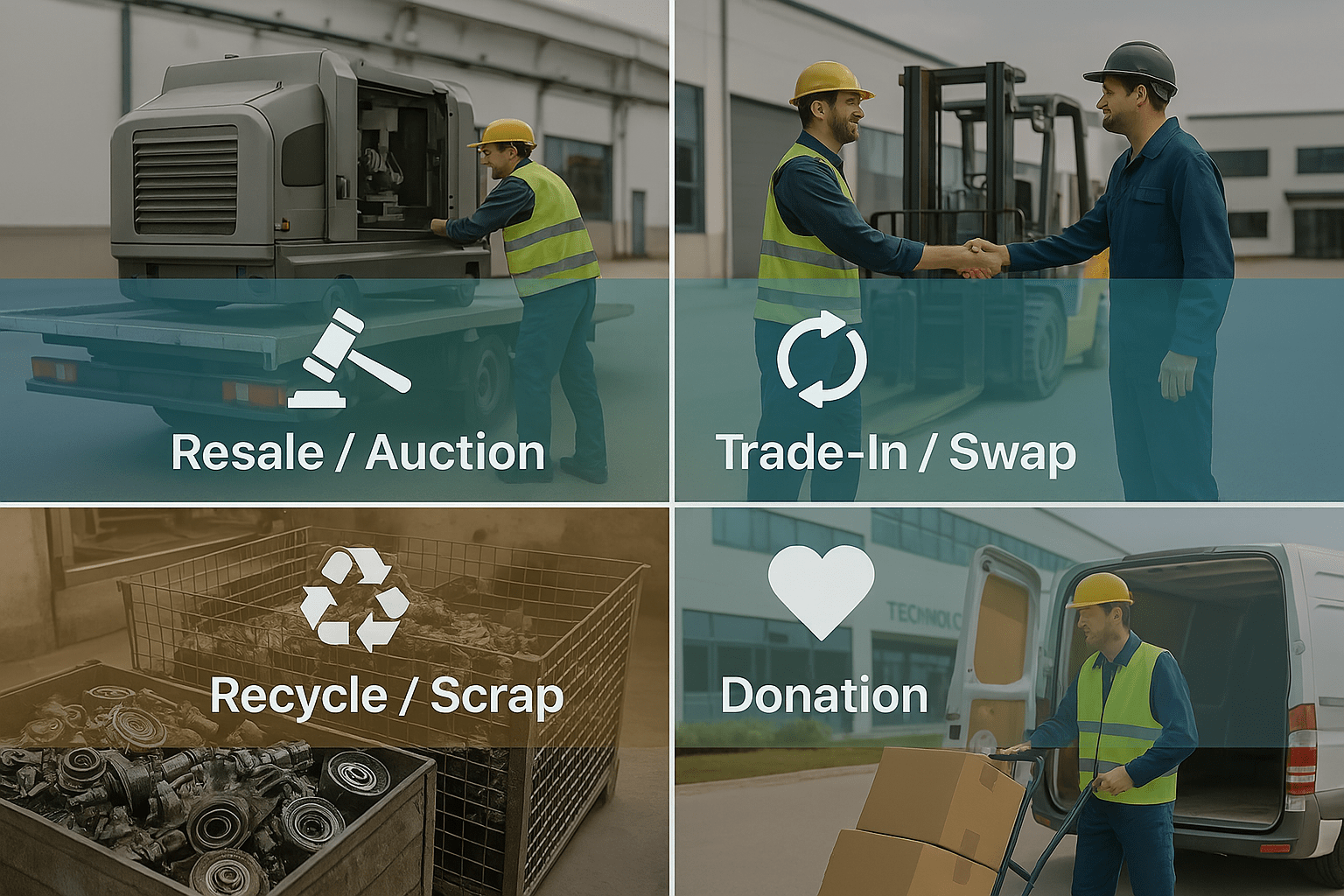 A 2x2 visual grid showing four asset disposition methods: resale, trade-in, recycling, and donation, each represented by industrial scenes with icon overlays.