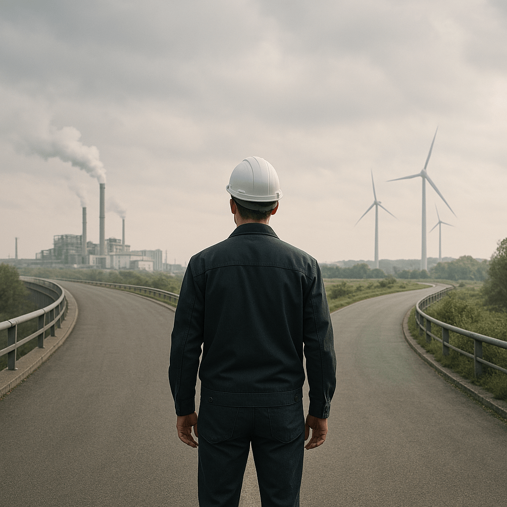 A man stands at a split road choosing between a factory and wind turbines, symbolizing industrial transition.