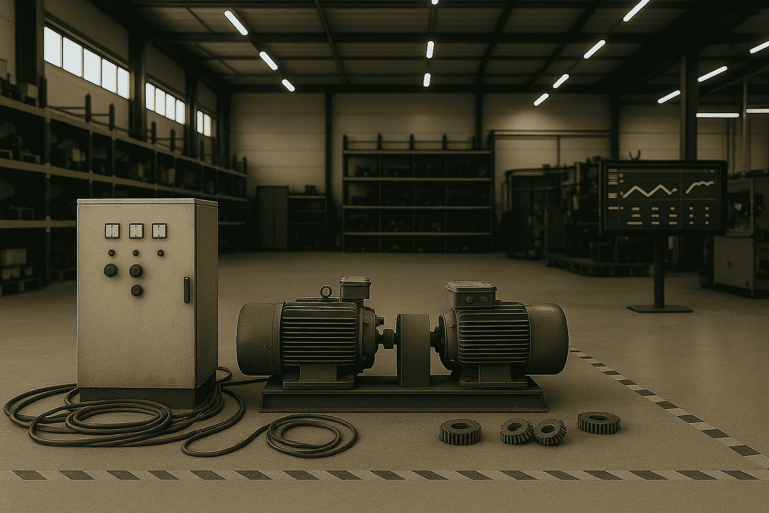 An industrial setting with two large electric motors mounted on a metal base. To the left is a control panel with three dials and several buttons. Several cables and metal gears lie on the floor in front of the motors. Shelving units and equipment fill the background, with a digital screen displaying graphs and data visible on the right side