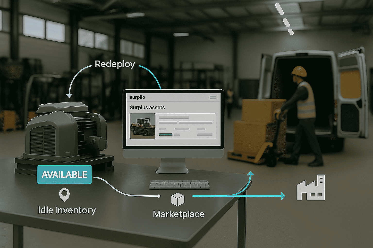 A diagram showing the flow of idle inventory through a marketplace for surplus assets, leading to redeployment. The image features an industrial motor labeled 'AVAILABLE' as idle inventory, a computer screen displaying surplus assets, and arrows indicating the movement from idle inventory to the marketplace and then to factory redeployment. In the background, a warehouse worker is moving boxes into a van.