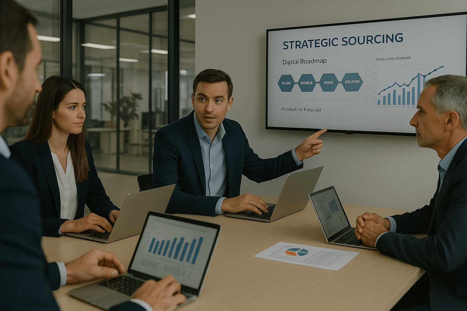 A bunch of  corporate individuals doing a discuss regarding strategic sourcing.