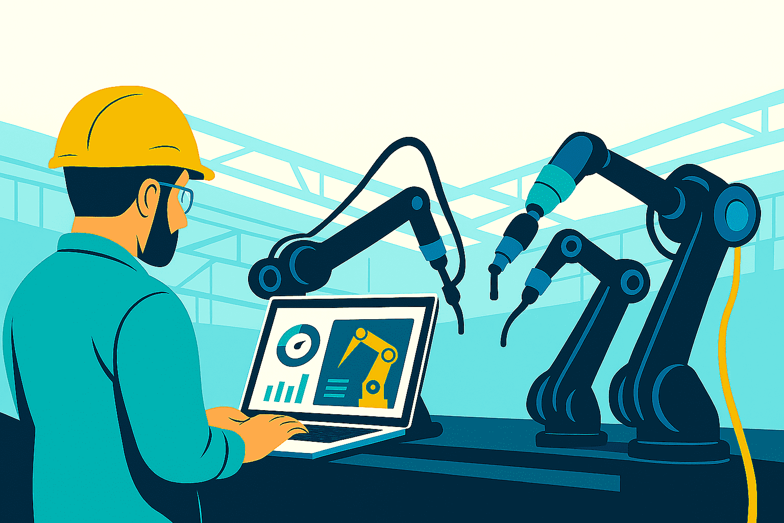 Illustration of a factory worker wearing a hard hat and using a laptop to monitor robotic arms in an automated manufacturing environment.