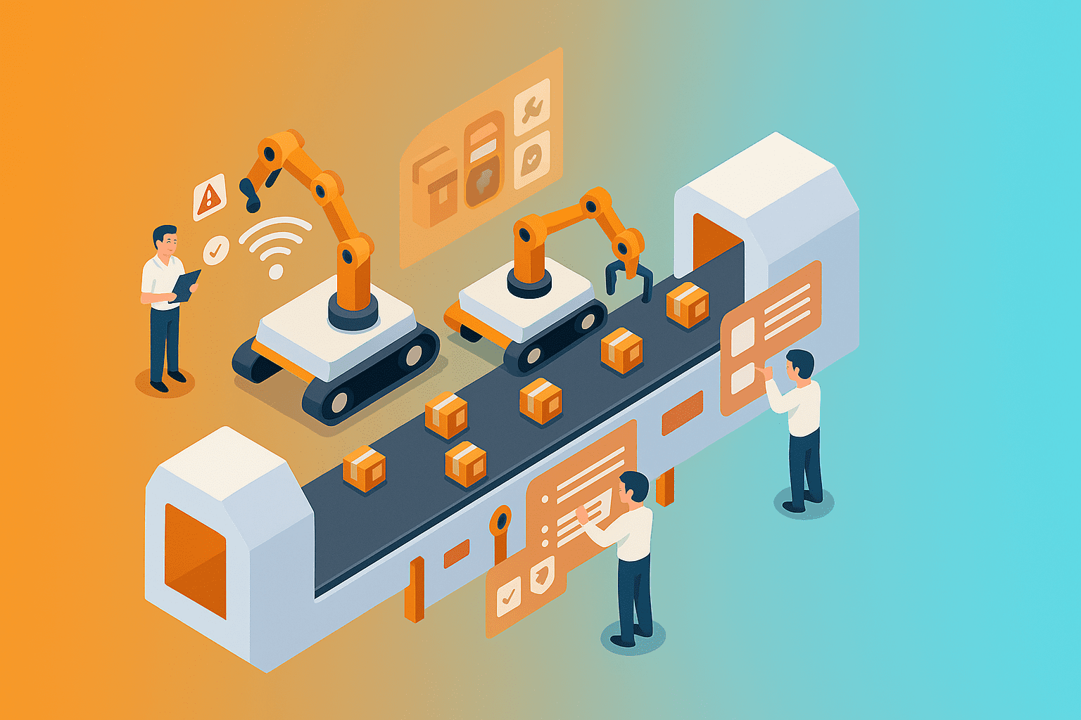 Illustration of an automated manufacturing assembly line with robotic arms handling packages on a conveyor belt, while workers interact with digital interfaces and monitoring tools