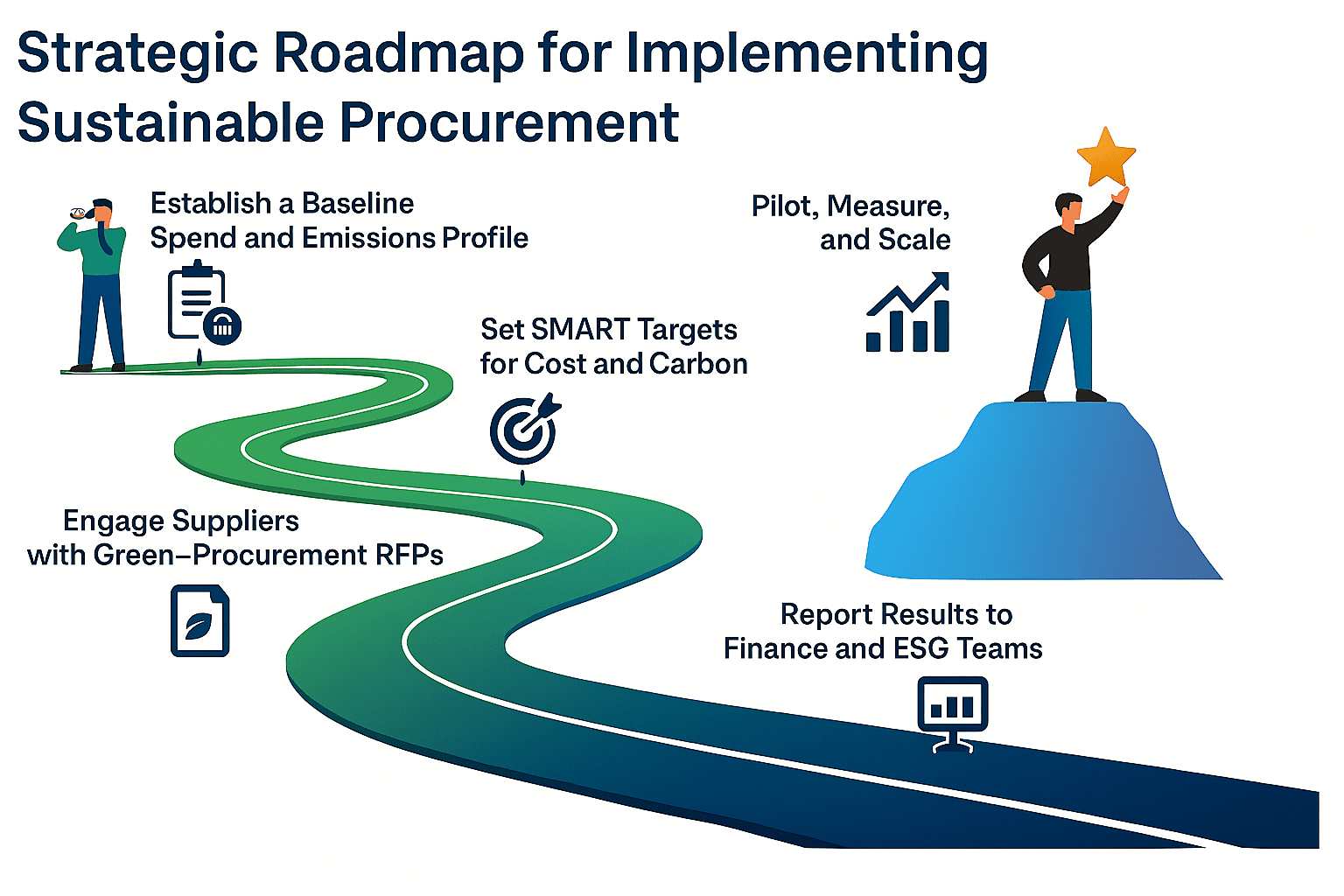 An infographic titled "Strategic Roadmap for Implementing Sustainable Procurement" showing a winding path with steps: establishing a baseline, engaging suppliers, setting targets, reporting results, and piloting and scaling.