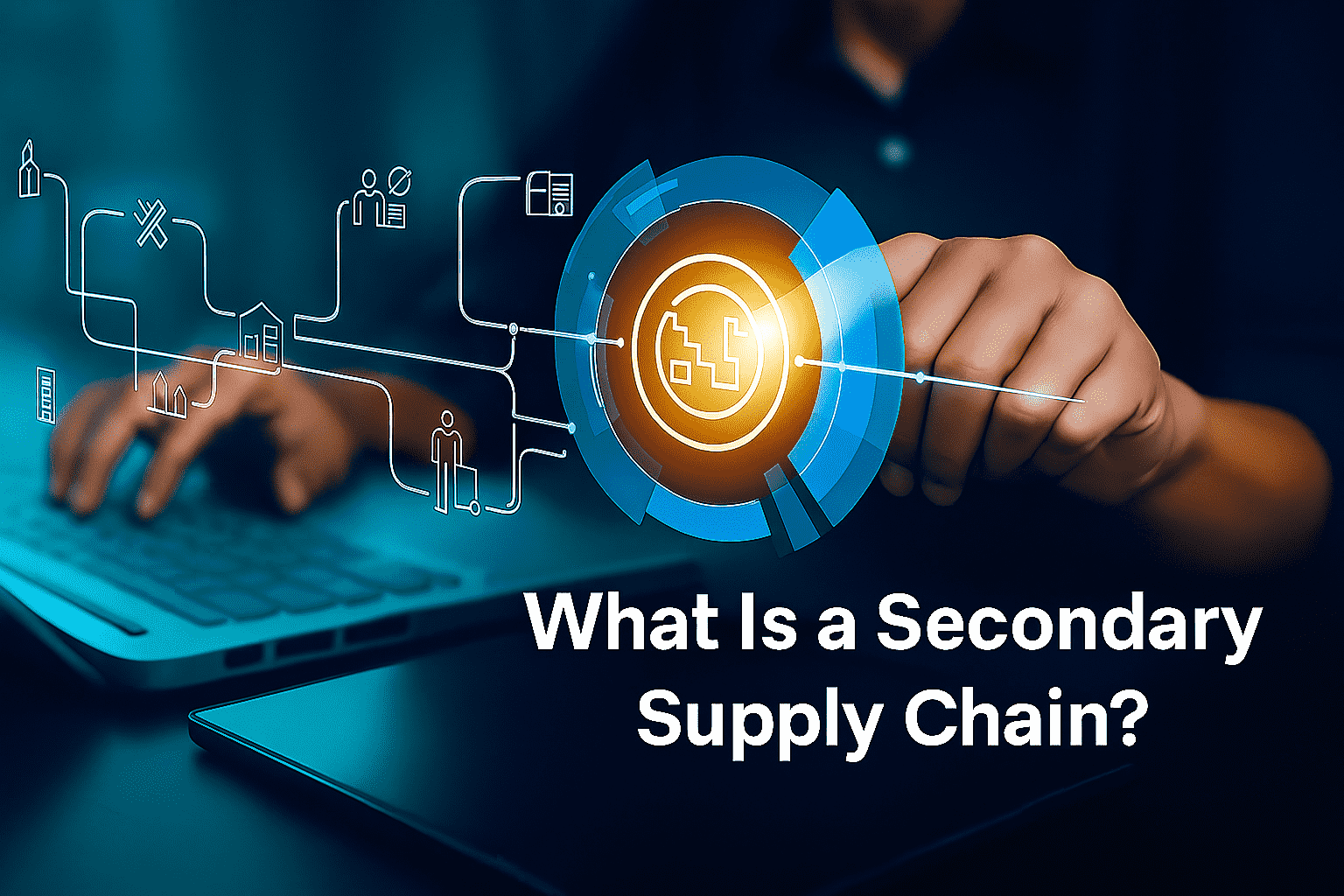 Person using a laptop with digital supply chain icons and the question “What Is a Secondary Supply Chain?” displayed on the image.