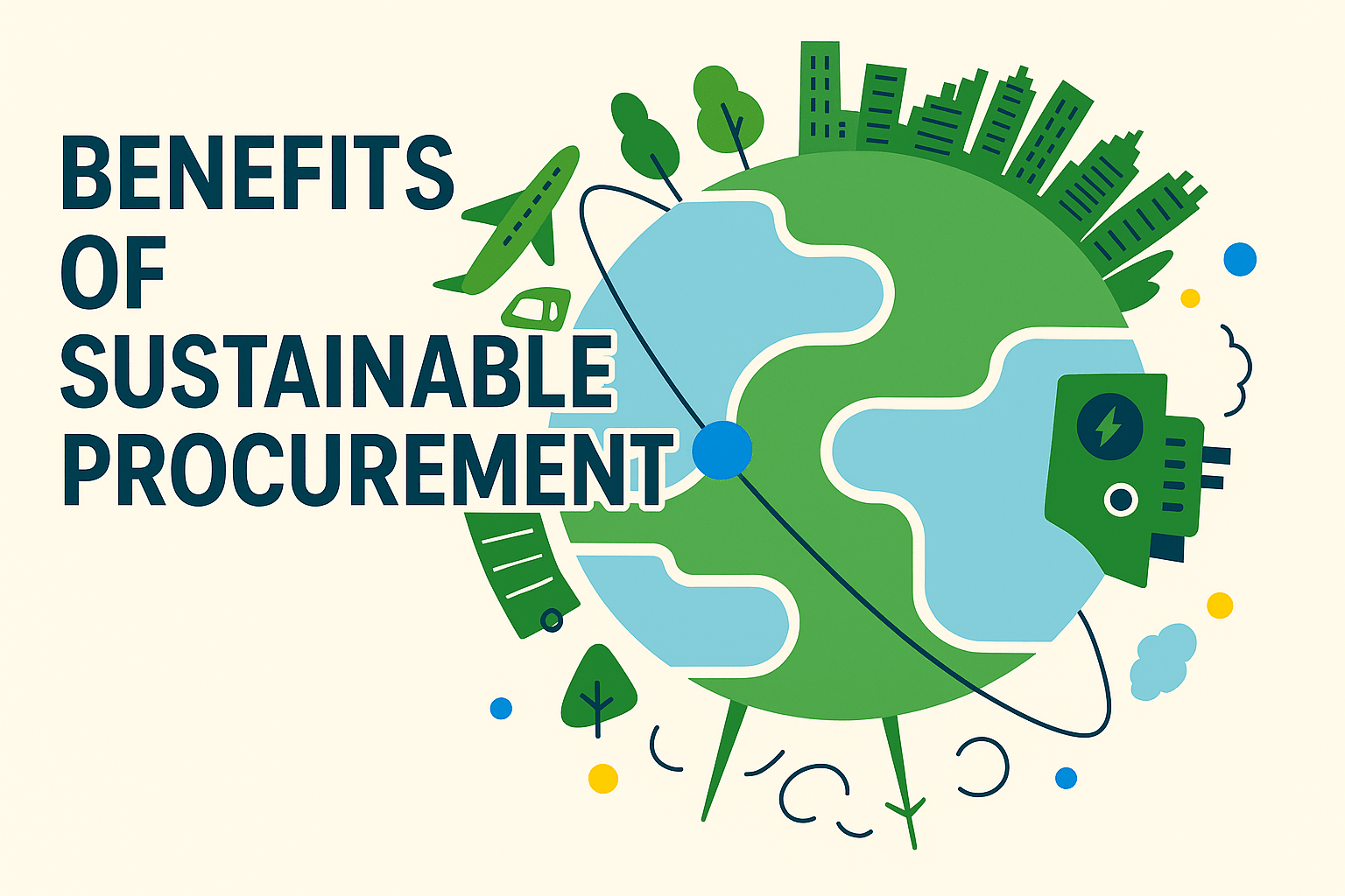 An illustration titled "Benefits of Sustainable Procurement" showing a green and blue earth with city buildings, trees, an airplane, car, truck, and an electric plug.