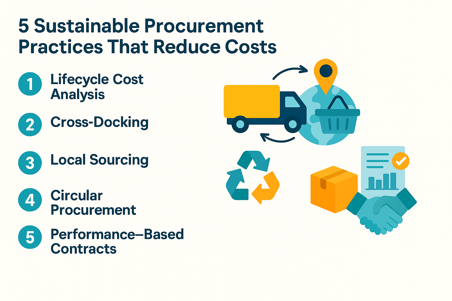 An infographic titled "5 Sustainable Procurement Practices That Reduce Costs" listing lifecycle cost analysis, cross-docking, local sourcing, circular procurement, and performance-based contracts, with related icons.