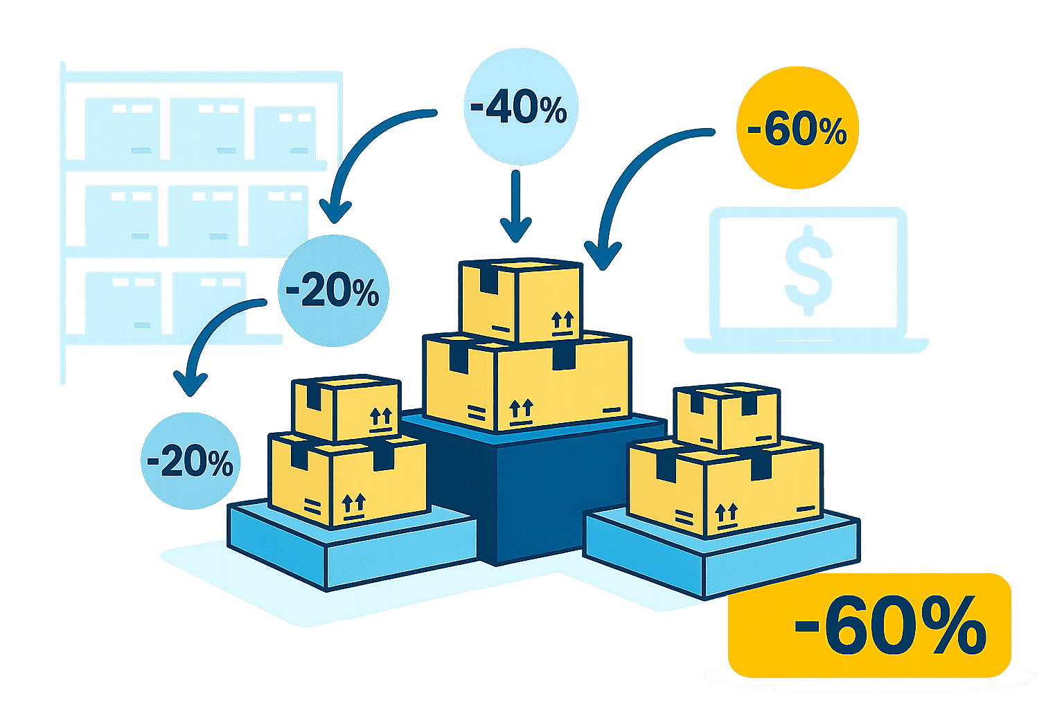 A graphic illustration showing yellow and blue boxes on platforms, representing inventory or shipments. Arrows connect storage shelves and a laptop with a dollar sign to the boxes, with circular and rectangular labels indicating percentage reductions: -20%, -40%, and -60%. The reductions are visually associated with the inventory on the shelves, the grouped boxes, and financial savings or cost, suggesting decreases in inventory, storage, and costs. The background is transparent.