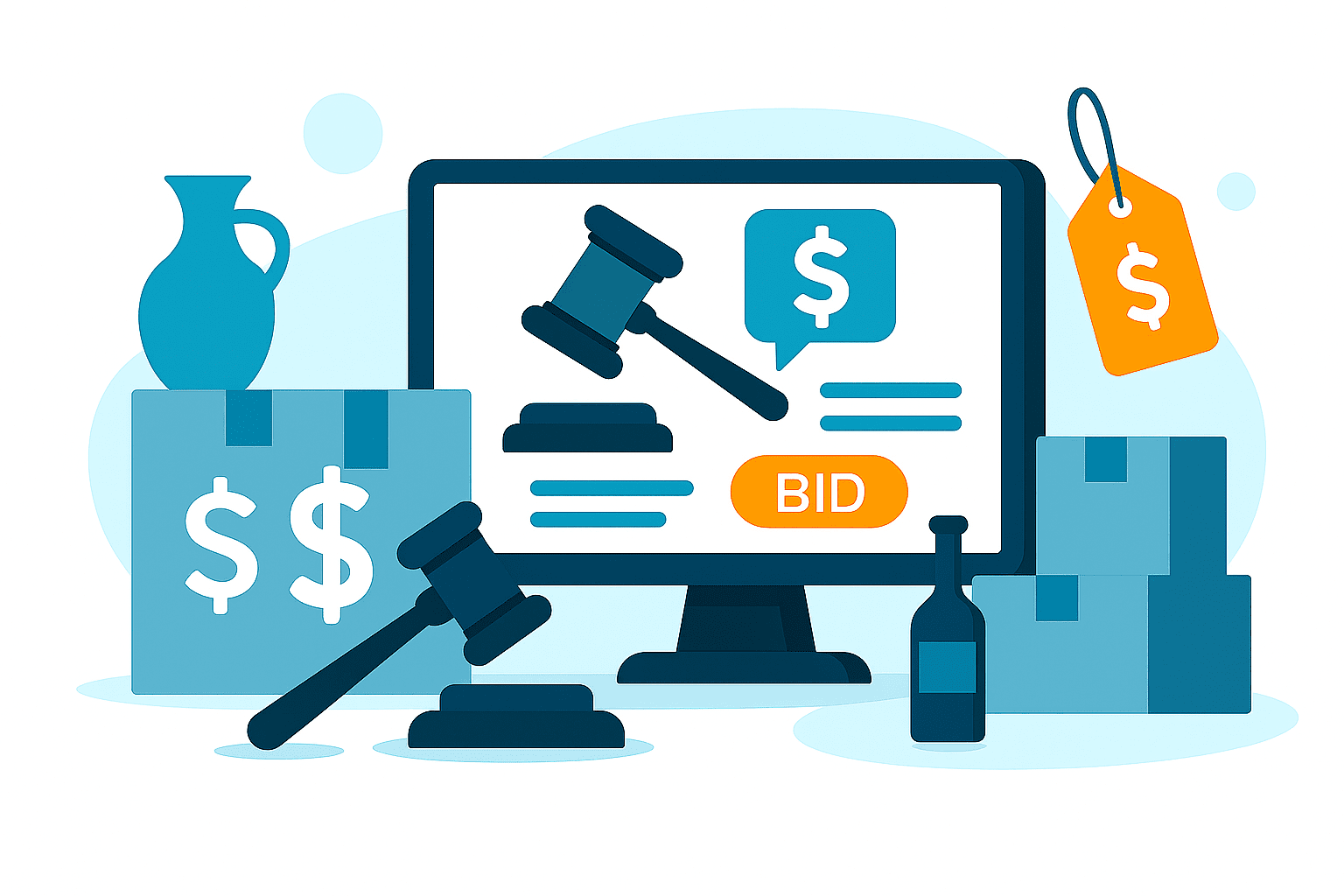 Illustration of online auction bidding, with a computer screen showing a gavel, dollar signs, and a “Bid” button, surrounded by boxes and auction items.