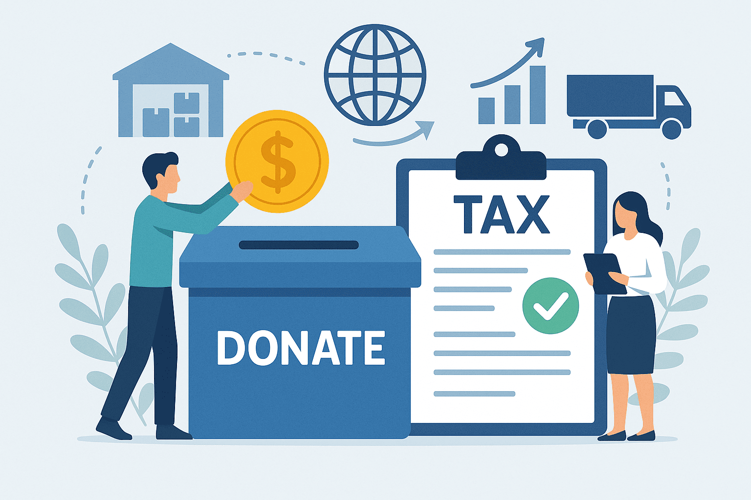Illustration showing a person donating money into a box labeled "Donate" next to a large clipboard with "Tax" written on it, representing tax-deductible donations.