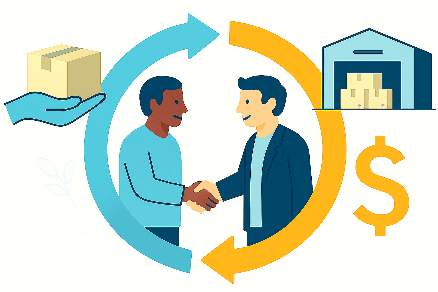 Illustration of two people shaking hands with arrows forming a cycle around them, a hand holding a box, a warehouse, and a dollar sign, representing a business transaction or supply chain agreement.