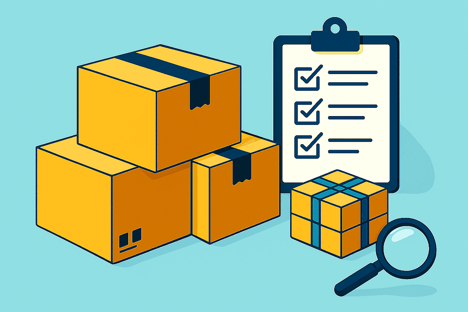 Illustration of stacked shipping boxes, a checklist on a clipboard, and a magnifying glass, representing inventory inspection or quality control.