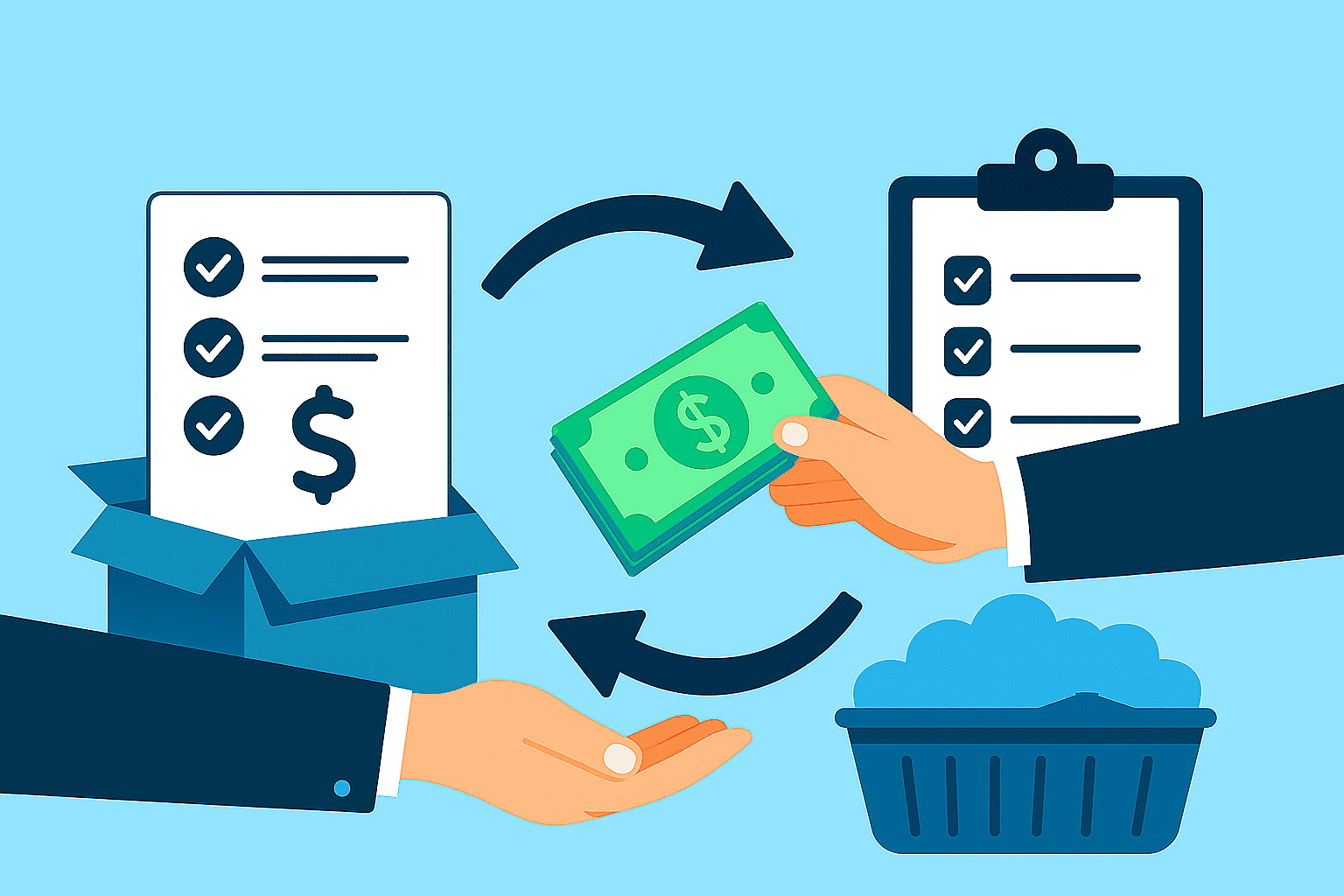 Illustration of a business transaction, with hands exchanging cash and documents, representing payment and order fulfillment.