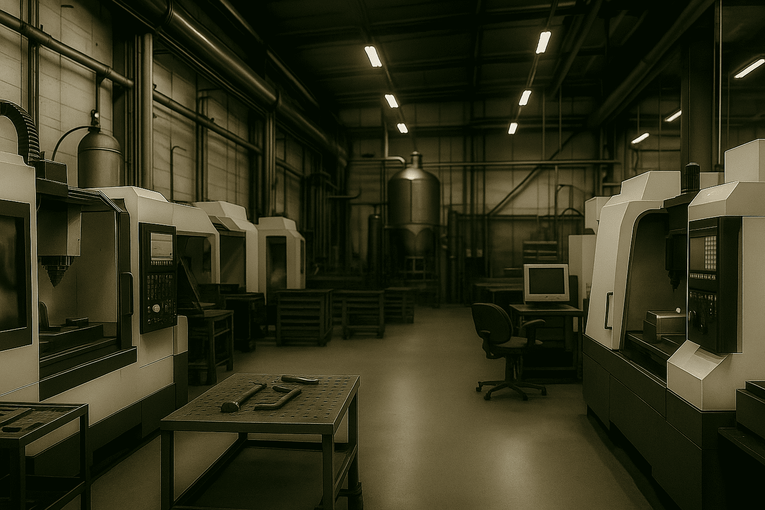 A large industrial machine shop or factory floor with several CNC (computer numerical control) machines lined up on both sides. In the center of the room, there are workbenches with tools on them, and toward the back, an old computer and a rolling chair can be seen. The environment is clean, organized, and illuminated by bright ceiling lights, with pipes and industrial equipment visible in the background.