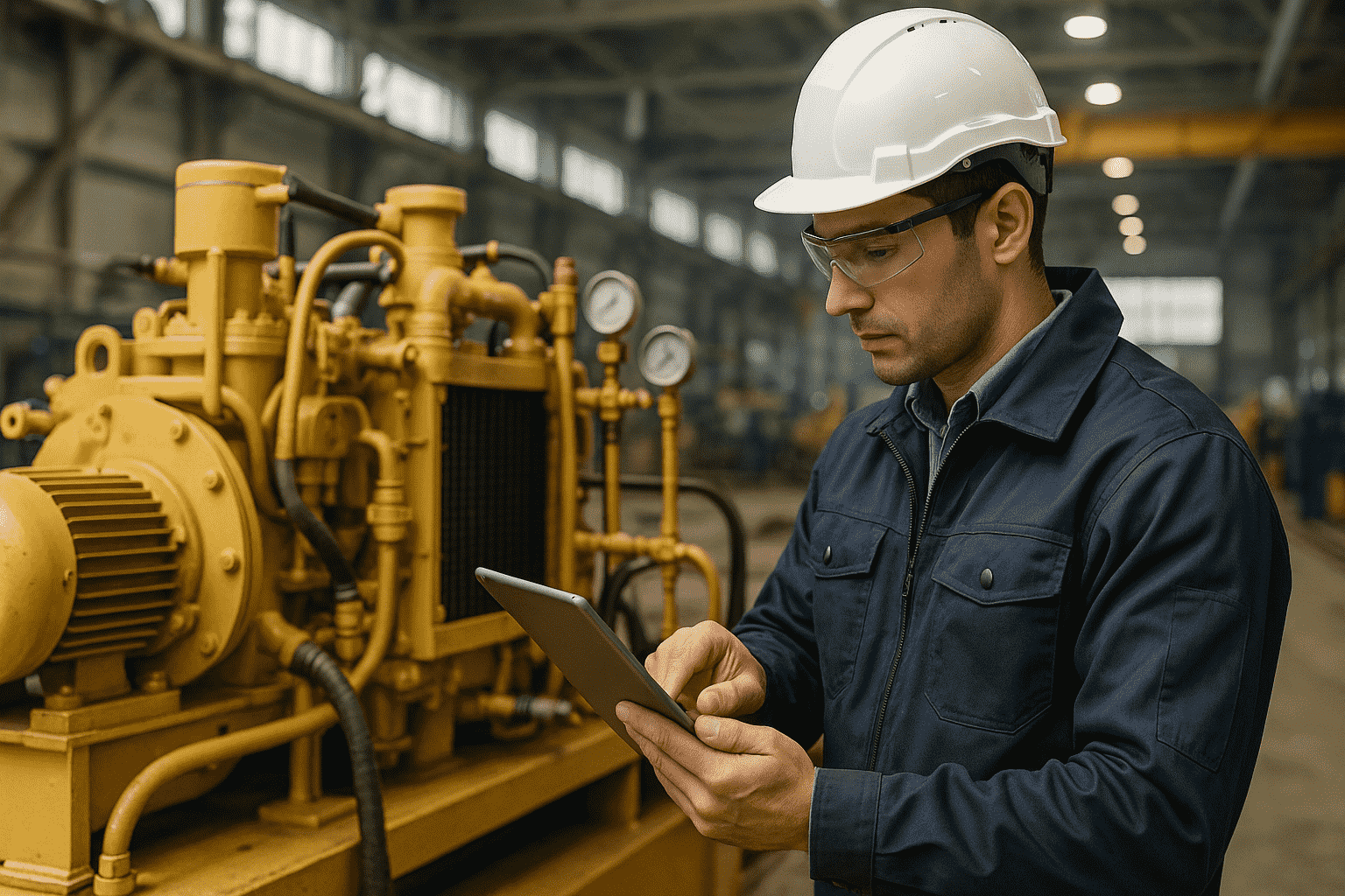 Industrial technician wearing a safety helmet and glasses, using a tablet to inspect and monitor heavy machinery