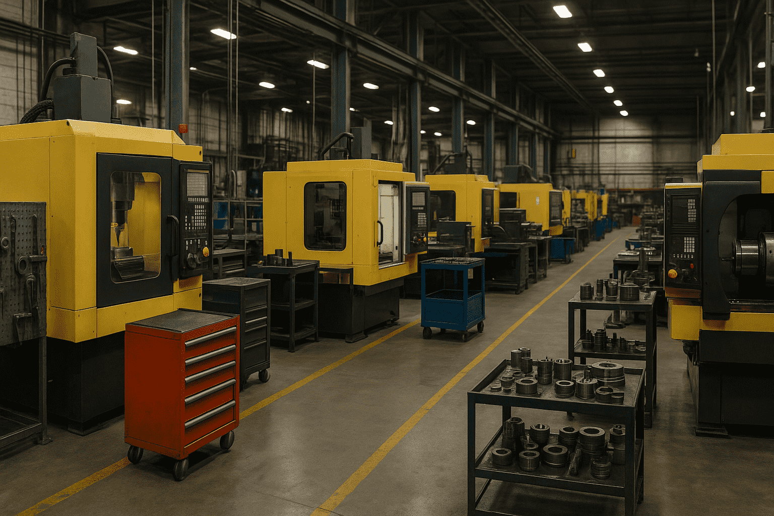 Interior of an industrial facility featuring neatly arranged rows of CNC machines and organized tool carts