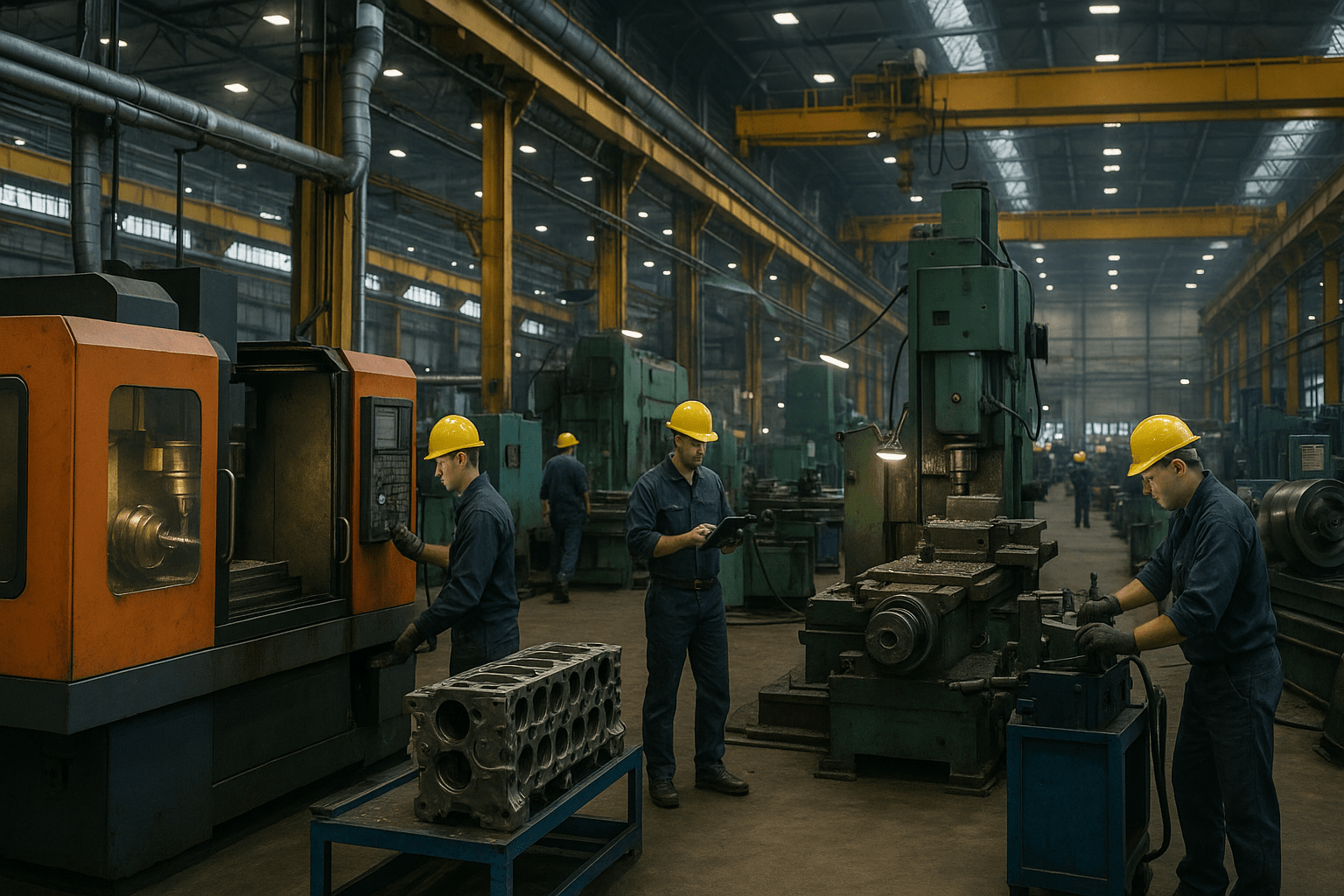 Group of industrial workers in protective gear operating and monitoring machinery on a factory floor