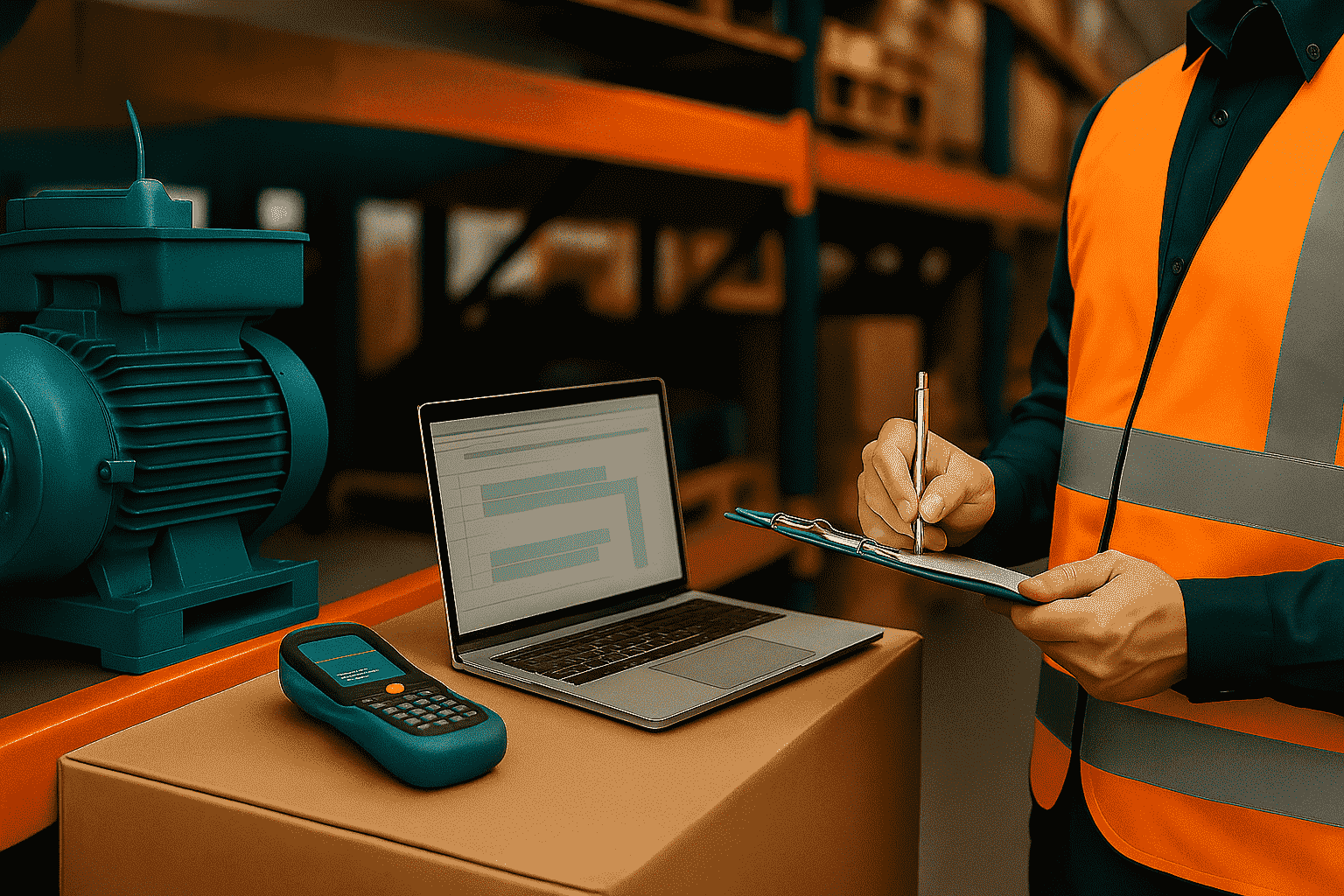 A worker in a high-visibility orange safety vest is in a warehouse, holding a clipboard and pen, writing or taking notes. In front of the worker, on a cardboard box, there is a laptop displaying bar chart graphs, a handheld scanner or measuring device, and an industrial electric motor. The scene is well-lit, with shelves and storage boxes visible in the background, emphasizing an environment focused on inventory, equipment inspection, or asset management.