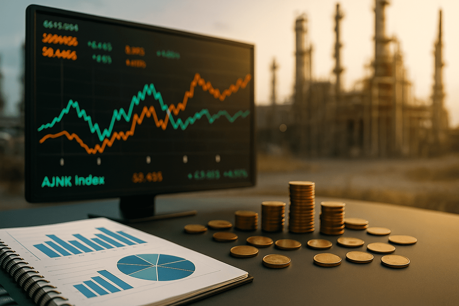 Stock market data on a monitor with coin stacks and financial charts in the foreground, set against the backdrop of an industrial oil refinery at sunset.