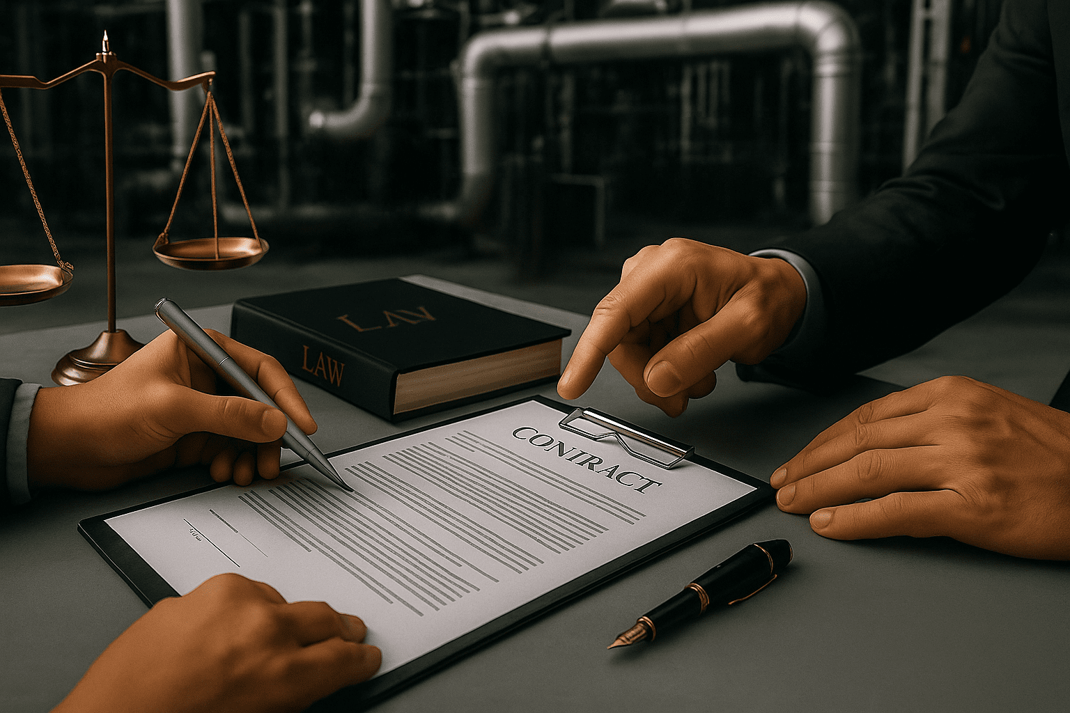 Two individuals review and sign a contract at a desk with a law book and a justice scale in the background, suggesting a legal or business agreement setting.