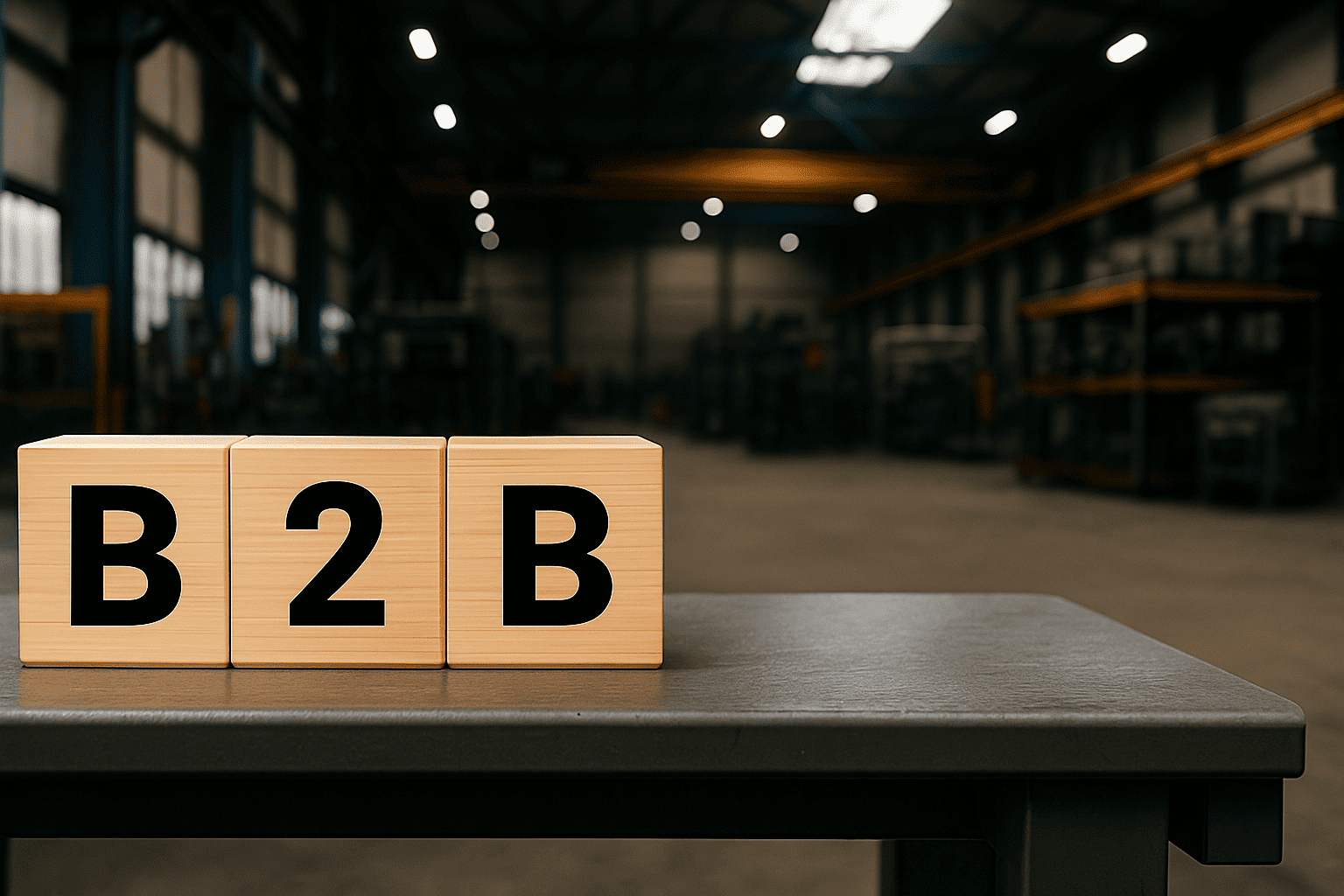 Wooden blocks spelling "B2B" on a table, set inside a spacious industrial warehouse with shelves and overhead lighting in the background.