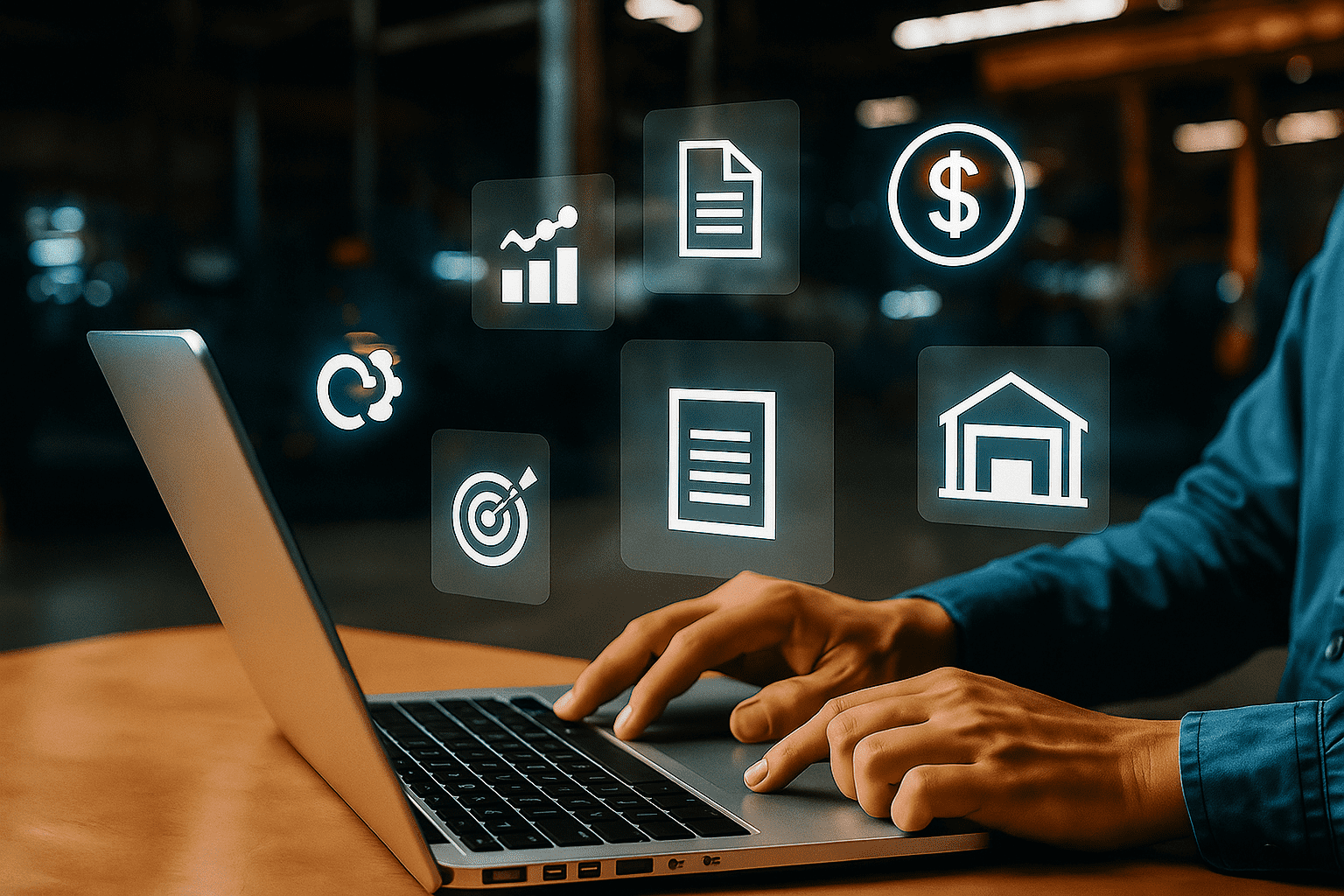 Person typing on a laptop in a warehouse setting with floating digital icons representing data analytics, finance, document management, warehousing, and logistics systems.