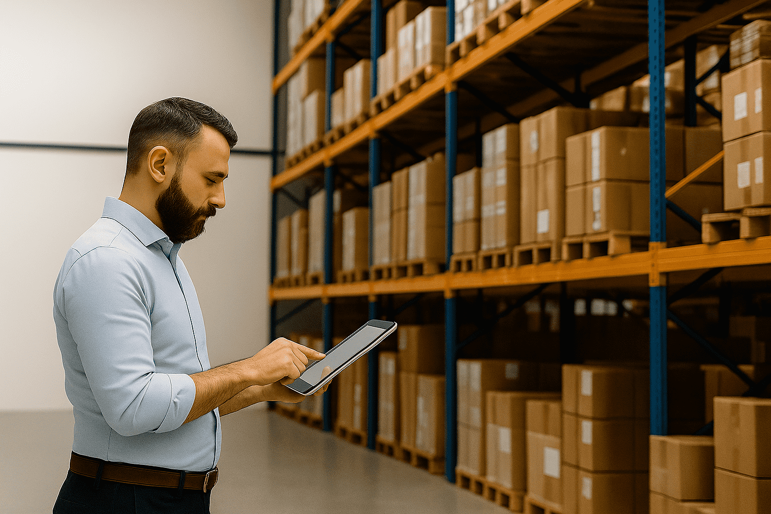 Man using a digital tablet in a warehouse filled with stacked cardboard boxes on metal shelving racks, indicating inventory or logistics management.