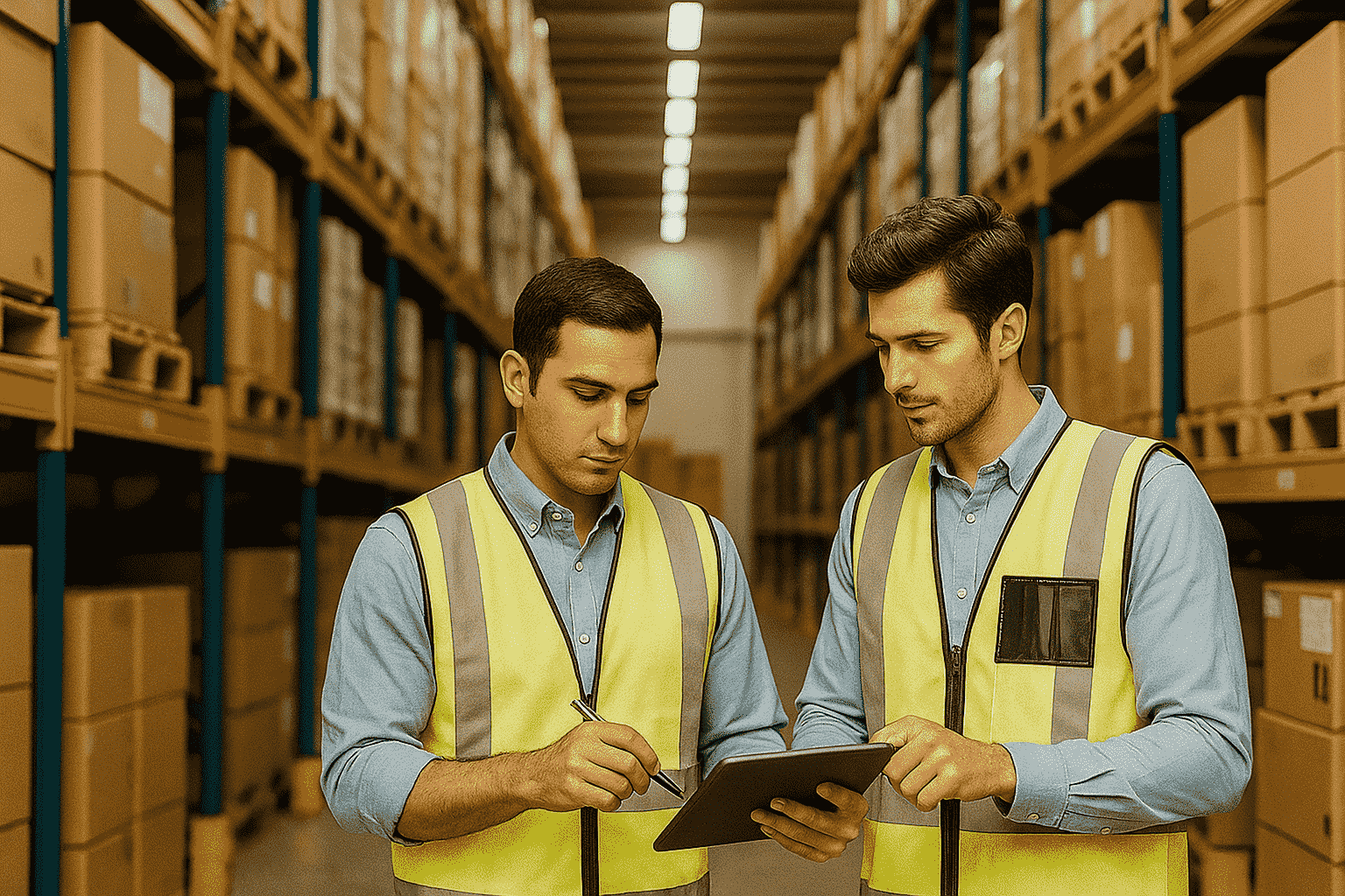 Two warehouse workers wearing yellow safety vests and blue shirts stand in an aisle surrounded by shelves stacked with cardboard boxes. One worker is holding a clipboard or tablet, while the other is pointing at it with a pen, indicating they are discussing or checking inventory or shipment information. The setting is bright and organized, with a focus on teamwork and logistics operations.