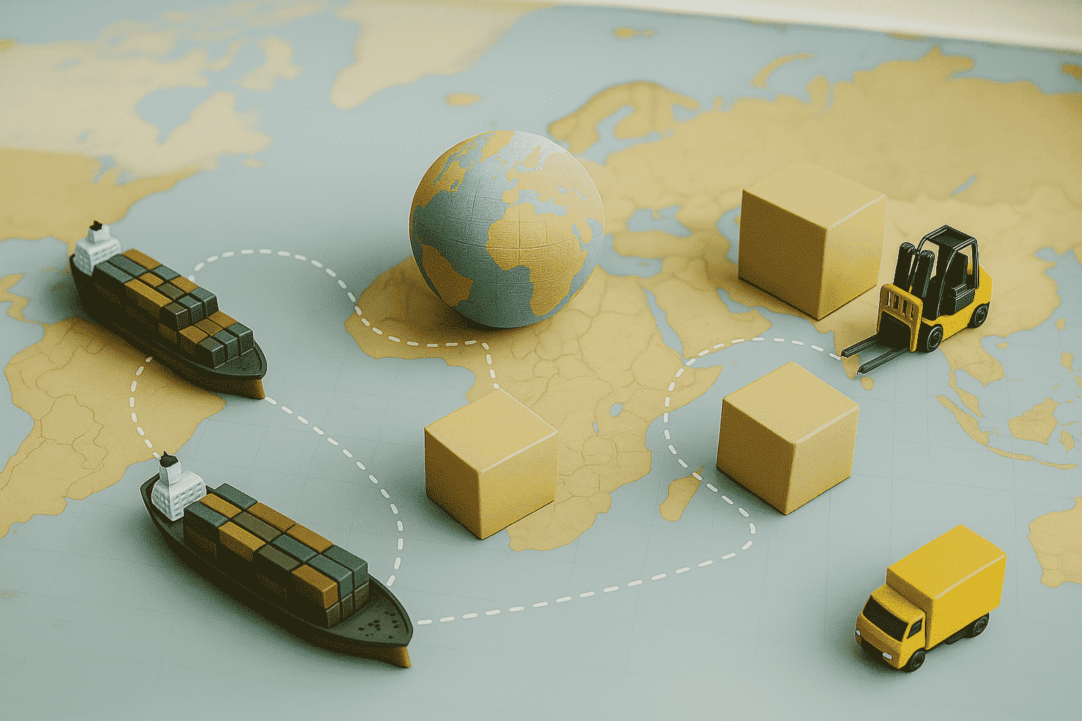 Miniature cargo ships, boxes, a forklift, a delivery truck, and a globe are arranged on a world map, illustrating global logistics and supply chain routes.