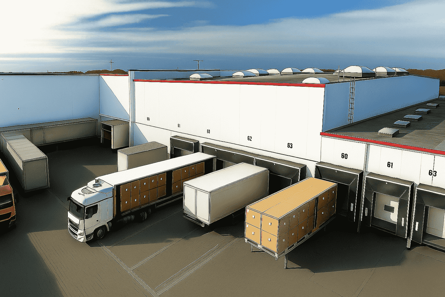 A loading dock area at a modern distribution center with several trucks and trailers positioned at numbered loading bays, ready for loading or unloading goods under a blue sky.