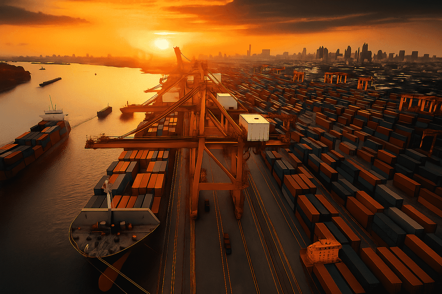 A large shipping port at sunset, filled with rows of colorful shipping containers and several large cargo ships docked by towering cranes. The sun is low on the horizon, casting a warm orange glow over the port and water. The scene includes a distant city skyline and ships moving along the river. The overall atmosphere is busy and industrial.