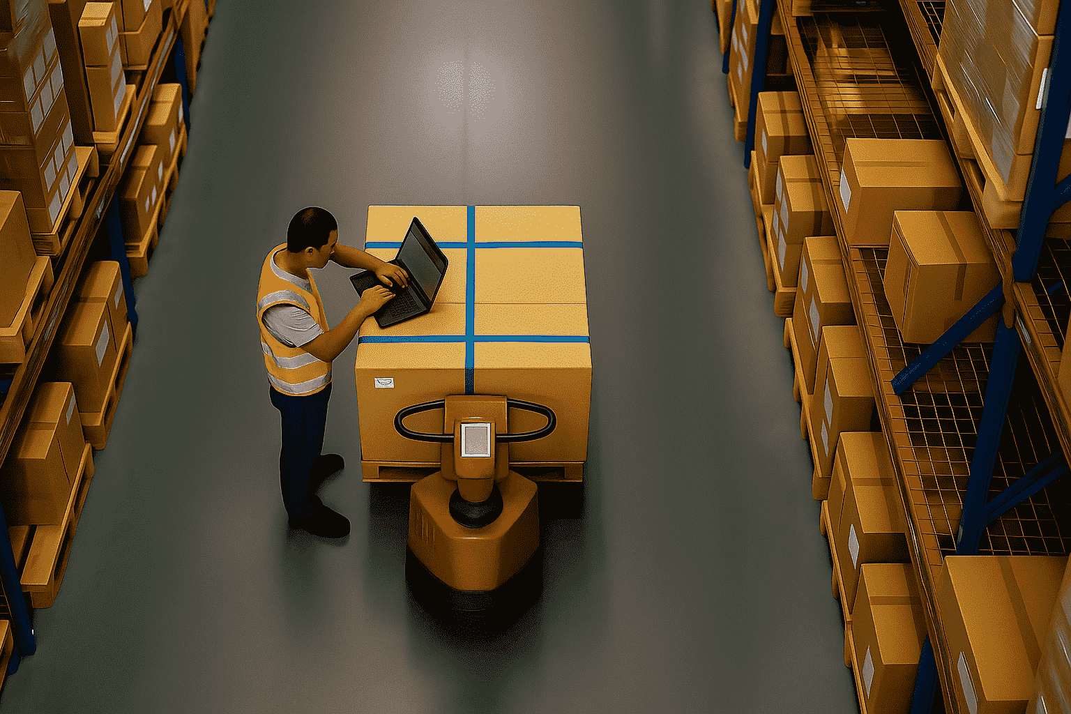 A warehouse worker wearing a reflective safety vest stands next to a large pallet of boxes on a pallet jack. He is using a laptop computer placed on top of the stacked boxes. The scene is viewed from above, showing tall shelving racks filled with boxes on both sides of the aisle. The environment is organized and brightly lit.