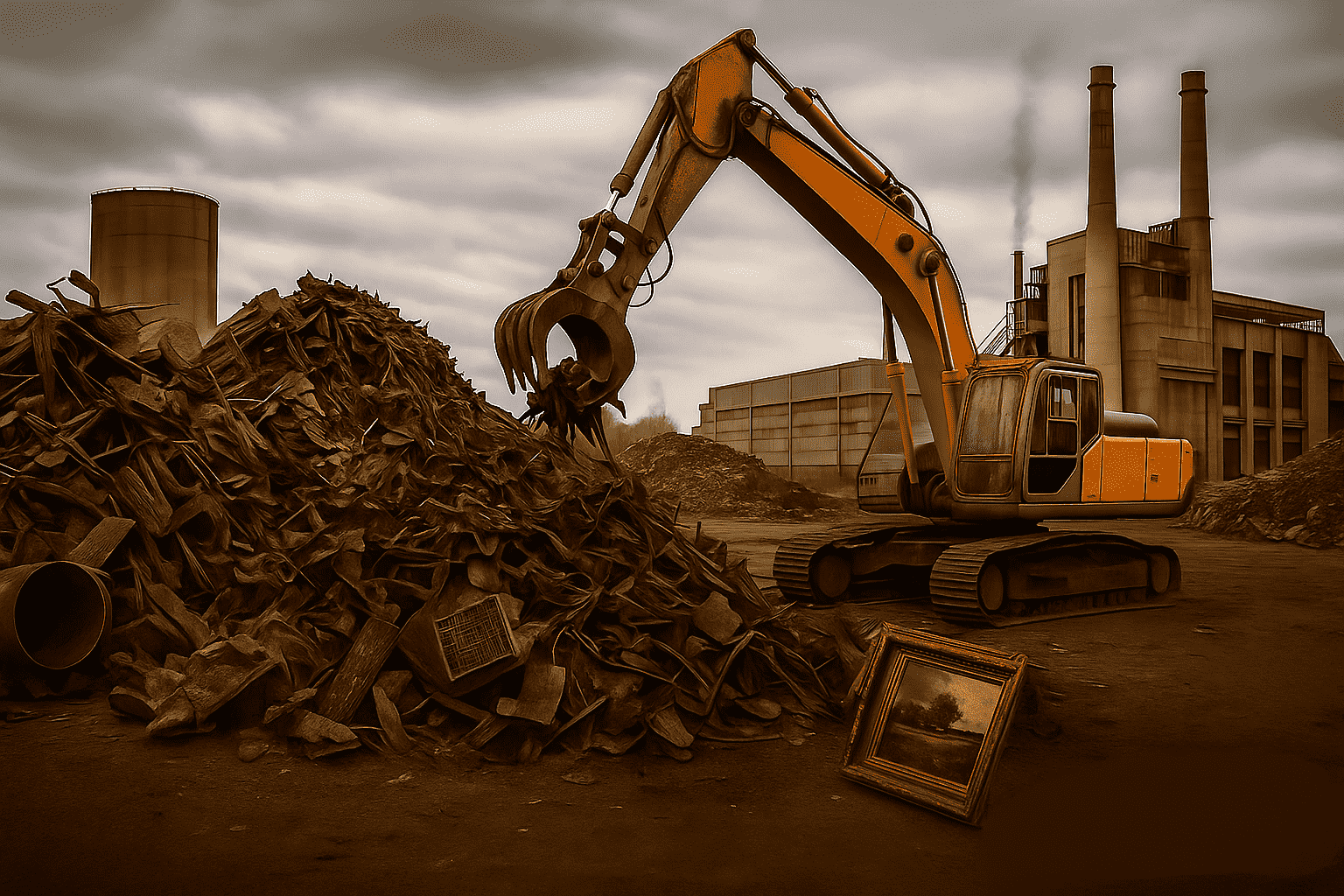 A large excavator with a claw attachment is sorting through a pile of metal scrap in an industrial scrapyard, with factories and smokestacks visible in the background. A framed painting lies on the ground in the foreground, contrasting with the industrial scene. The image has a sepia-toned color scheme, giving it a vintage and gritty atmosphere.