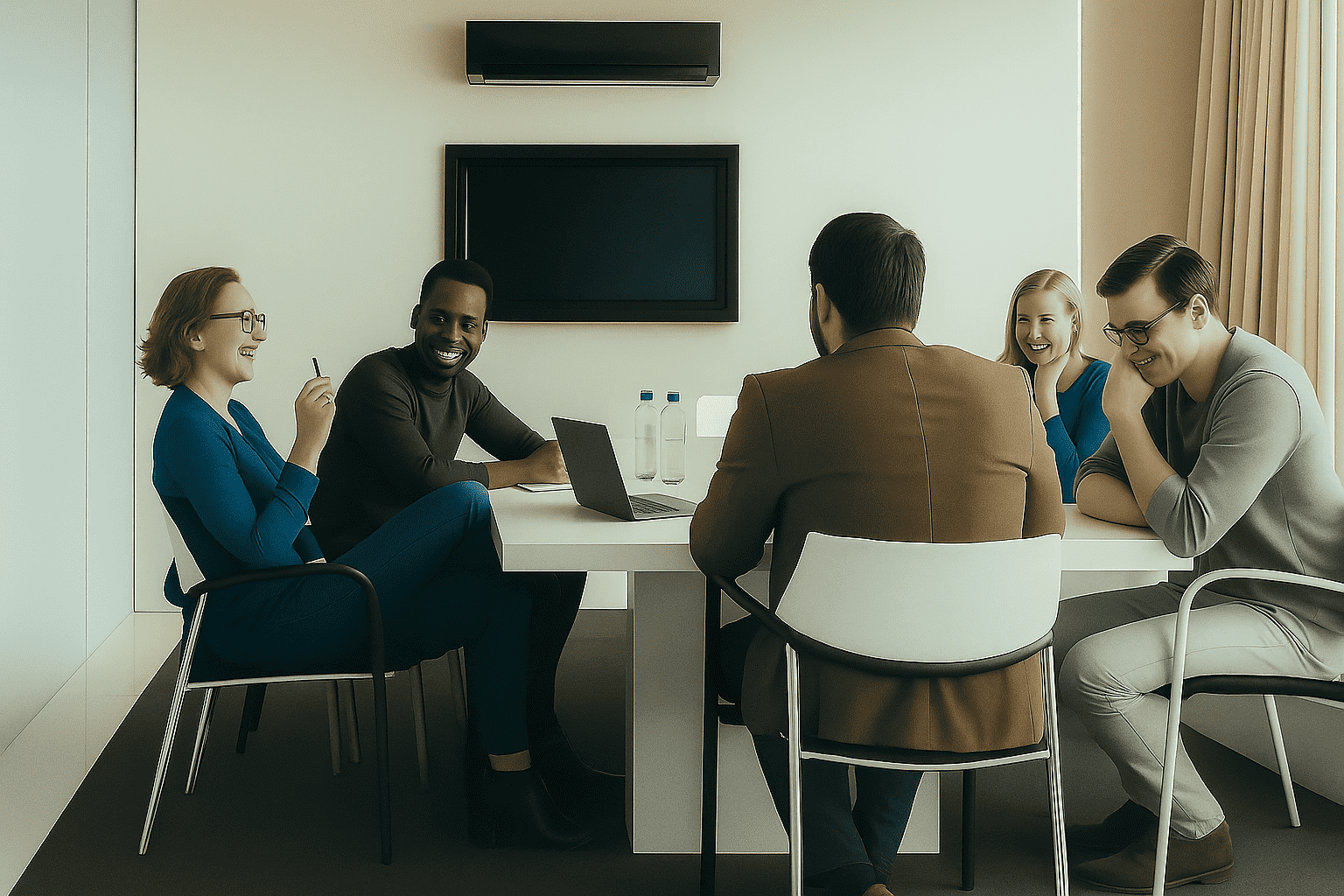 A group of five people sitting around a conference table, smiling and laughing during a meeting in a modern office with a blank screen and water bottles on the table.