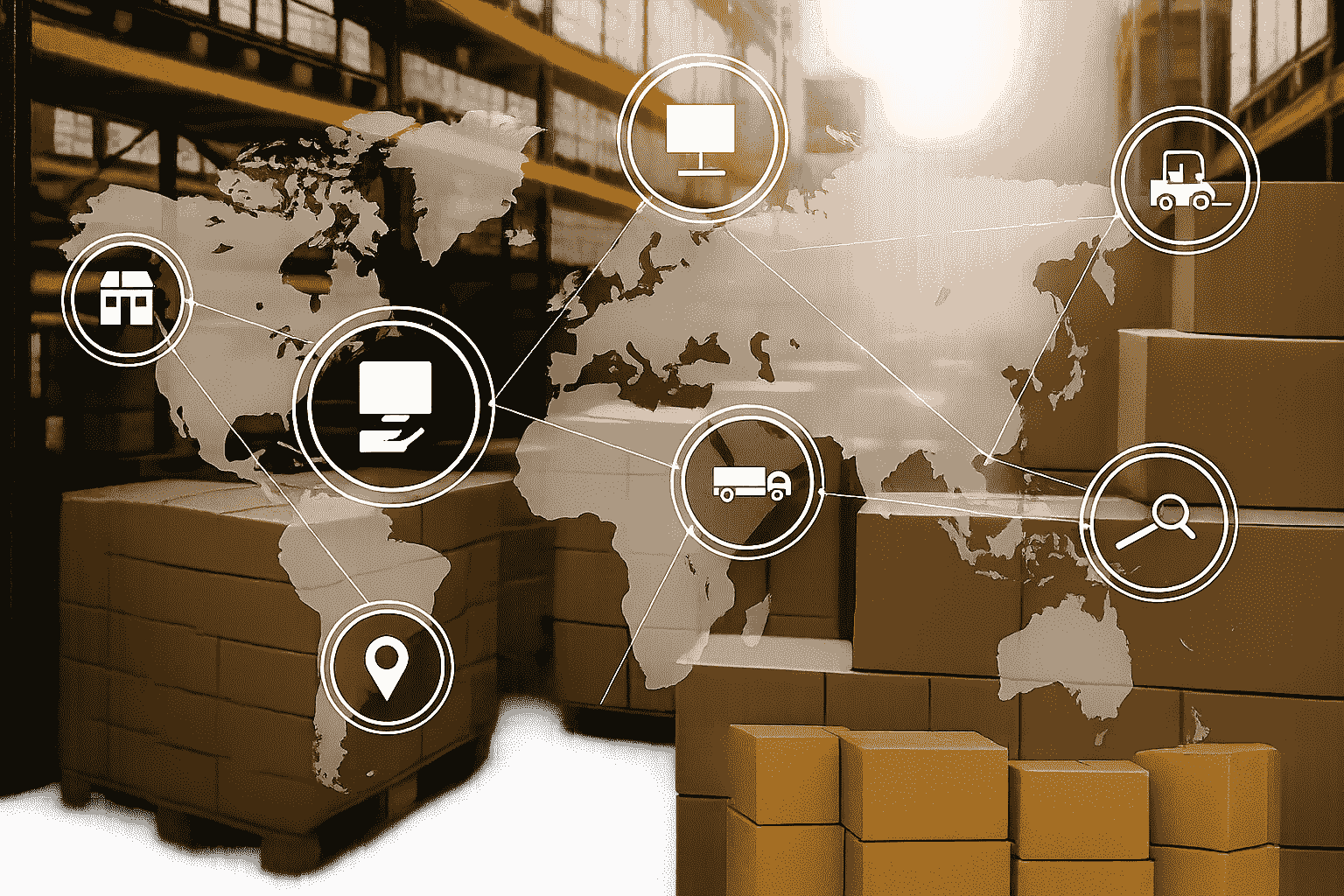 A warehouse full of stacked cardboard boxes overlaid with a transparent world map and digital supply chain icons, including a computer, delivery truck, forklift, magnifying glass, store, and location pin, connected by lines to illustrate global logistics and inventory management.