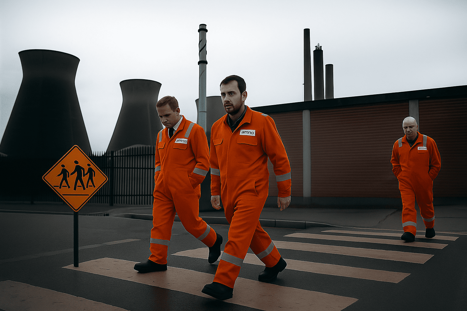 Three workers wearing bright orange coveralls with reflective strips walk across a crosswalk outside an industrial facility with large cooling towers and smokestacks in the background. A pedestrian crossing sign is visible on the left.