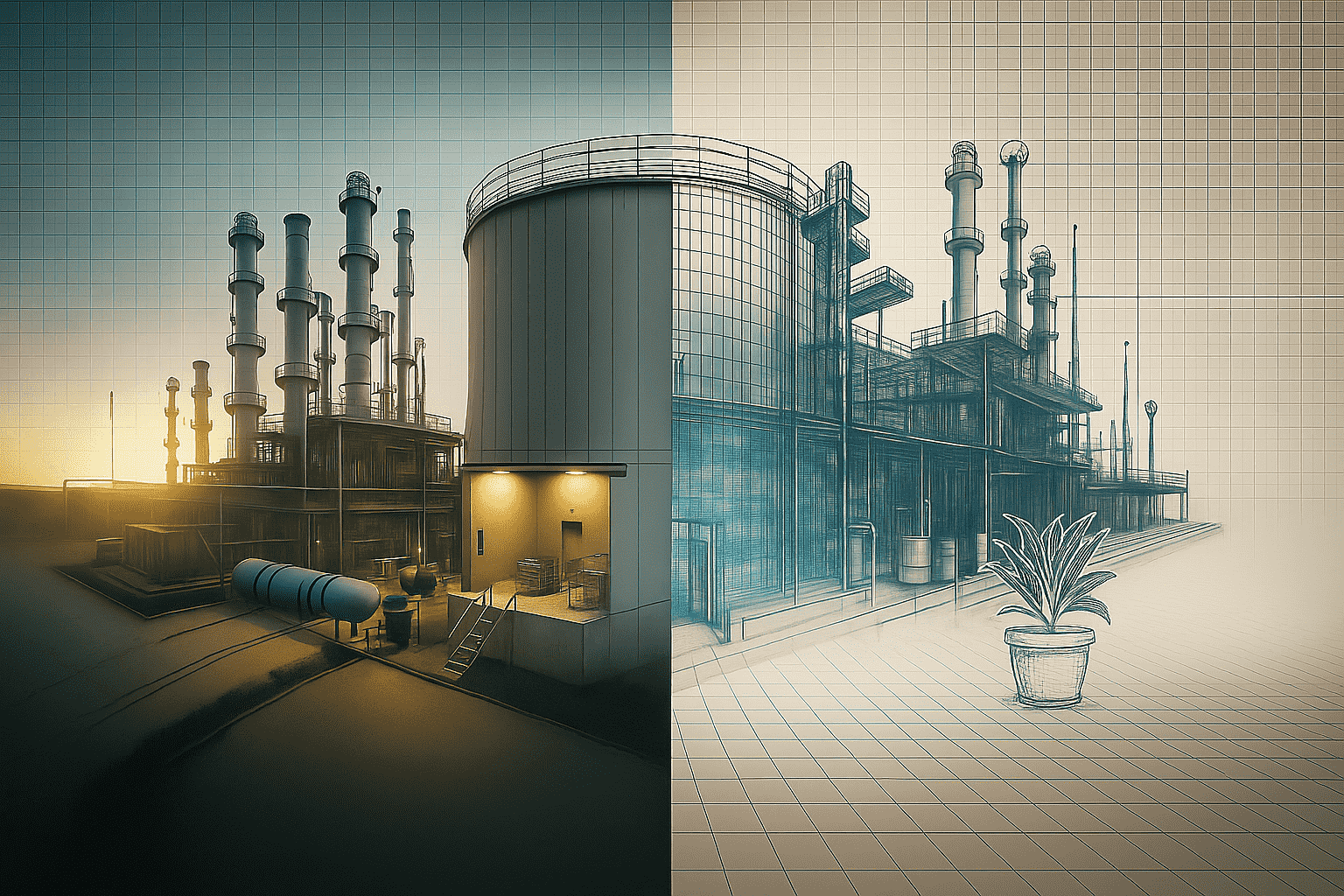 An industrial facility with storage tanks and chimneys, shown split down the middle. The left half is a realistic, color-rendered image with lighting and shadows, while the right half is a blueprint-style technical drawing on a grid background, including a potted plant in the foreground."