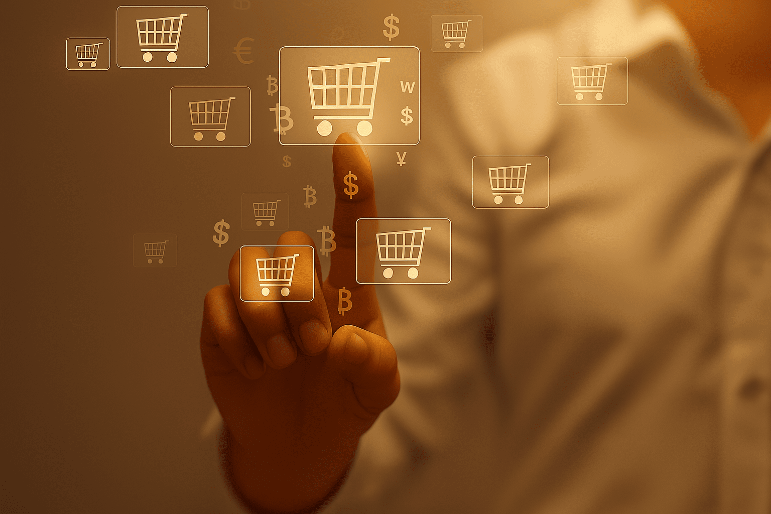 A person in business attire selects a virtual shopping cart icon from a digital interface with multiple floating cart symbols and currency signs.