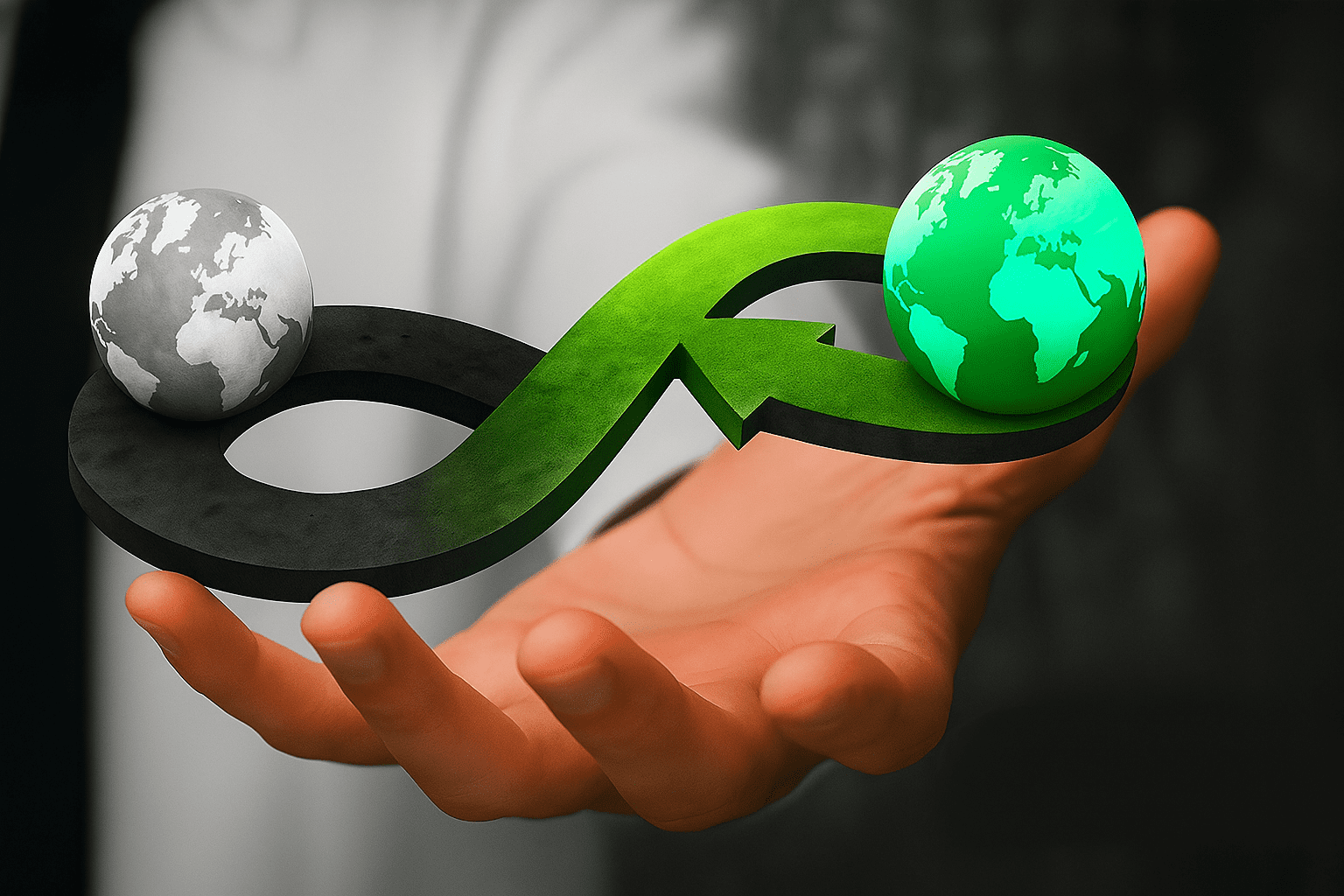 A person holding a green infinity loop symbol connecting a gray Earth and a green Earth, representing circular economy and sustainability.