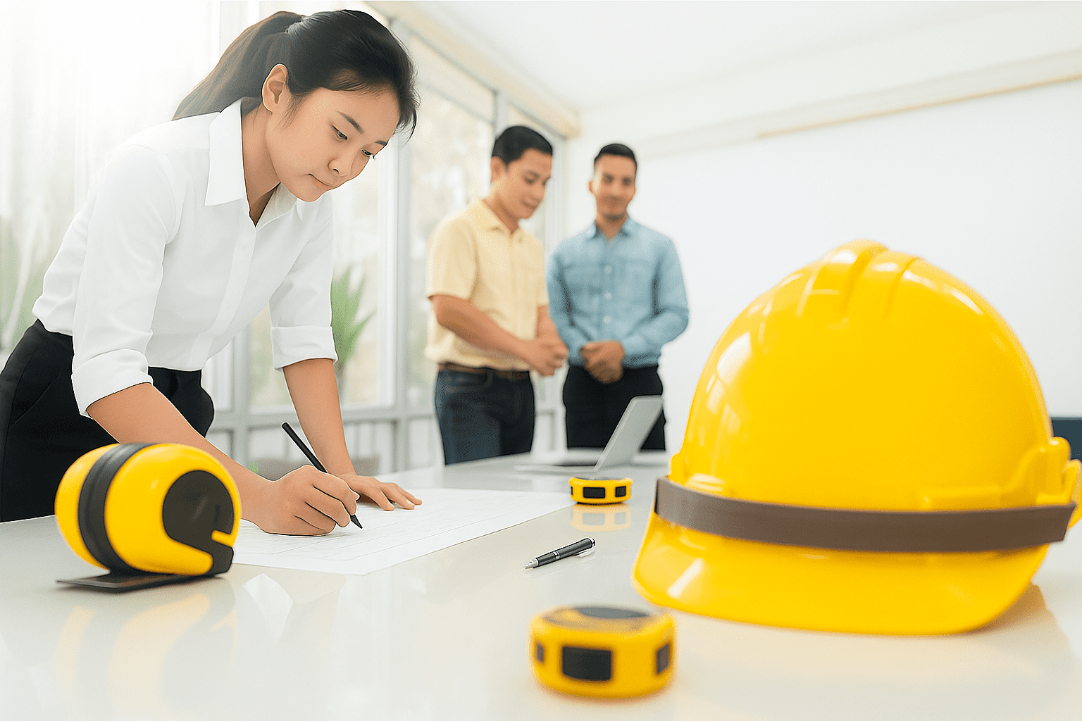 A female engineer in a white shirt is writing on architectural plans at a desk, surrounded by safety gear and measuring tools, with two male colleagues discussing behind her.