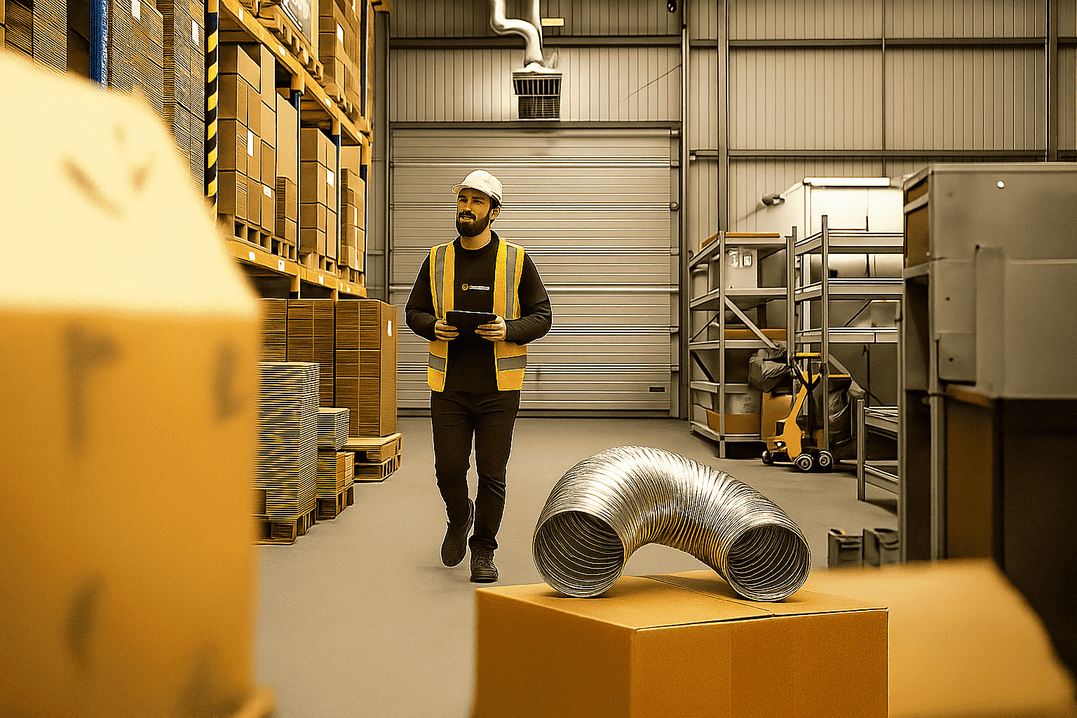 A warehouse worker wearing a white hard hat and high-visibility vest walks through an industrial storage area while holding a tablet, surrounded by boxes, shelves, and ducting equipment.