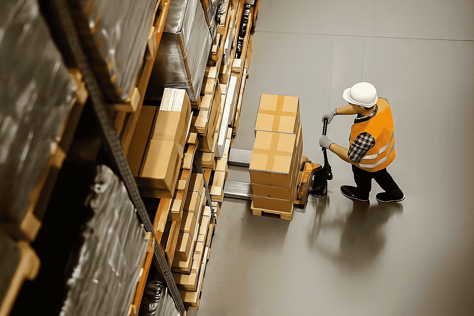 An overhead view of a warehouse worker wearing a hard hat and orange safety vest, moving stacked cardboard boxes on a pallet jack along warehouse shelves.