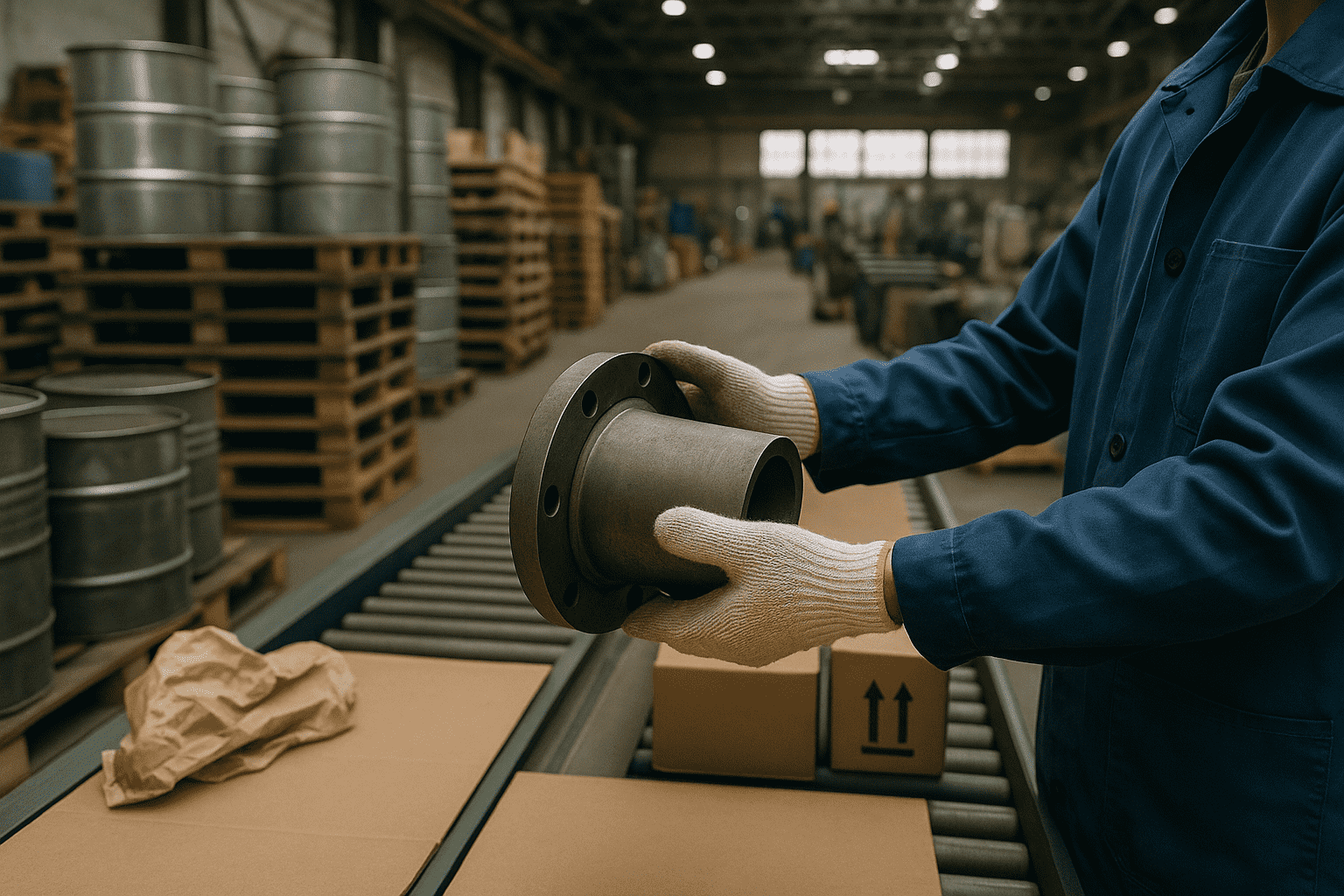 A worker wearing gloves and a blue uniform inspects a metal industrial part on a conveyor belt in a warehouse. Cardboard boxes, metal barrels, and wooden pallets are visible in the background.
