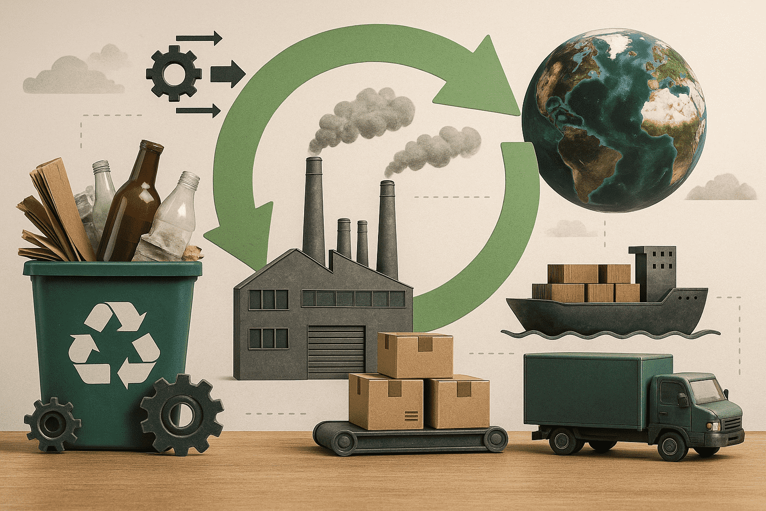 "A 3D-style illustration representing the circular economy and sustainable supply chain. The image features a recycling bin with bottles and cardboard, a factory emitting smoke, cardboard boxes on a conveyor belt, a cargo ship, a delivery truck, and a globe. Green arrows form a circular loop, indicating recycling and sustainability.